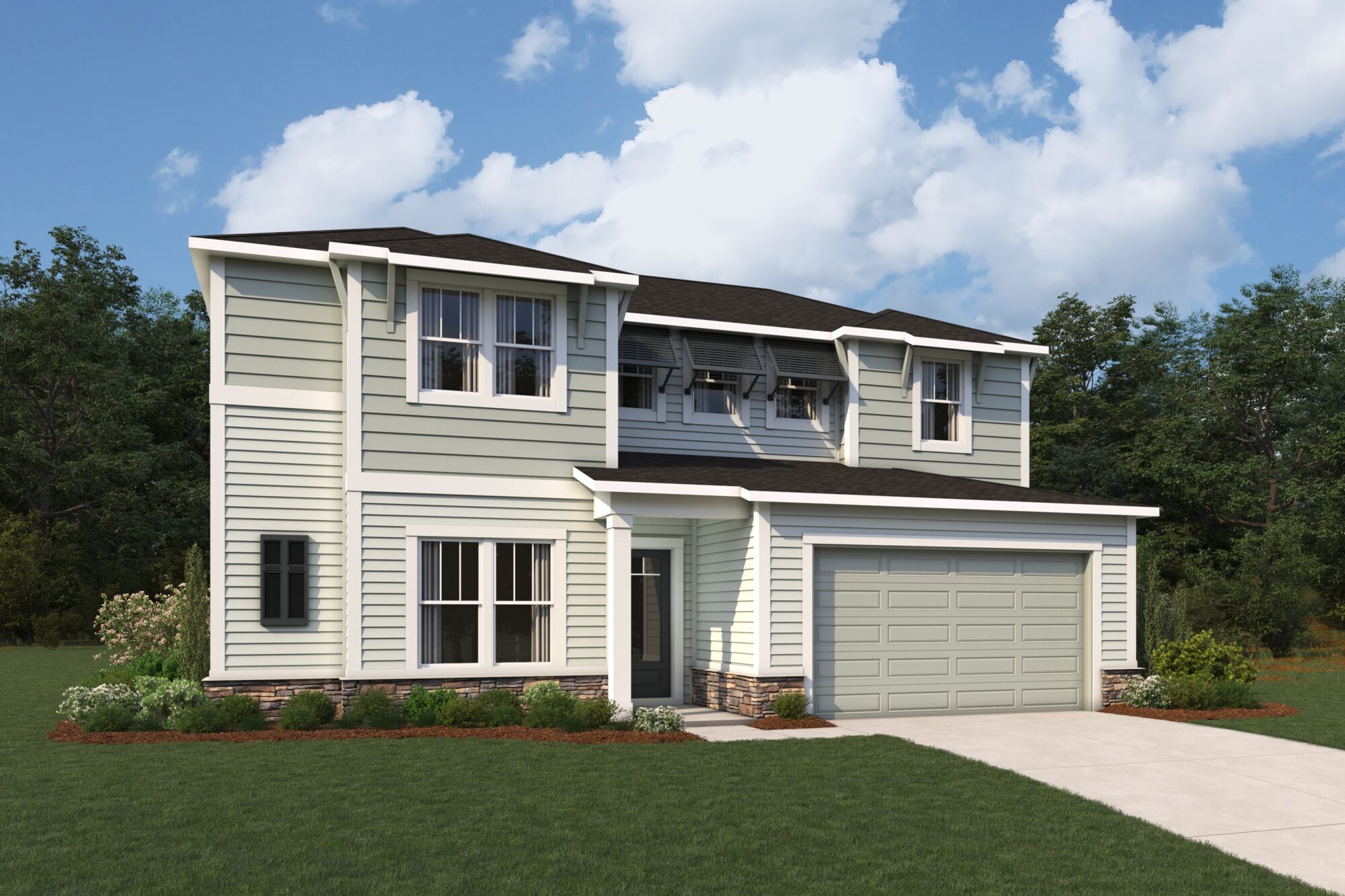  Elevation Front with window, garage, door and exterior clapboard