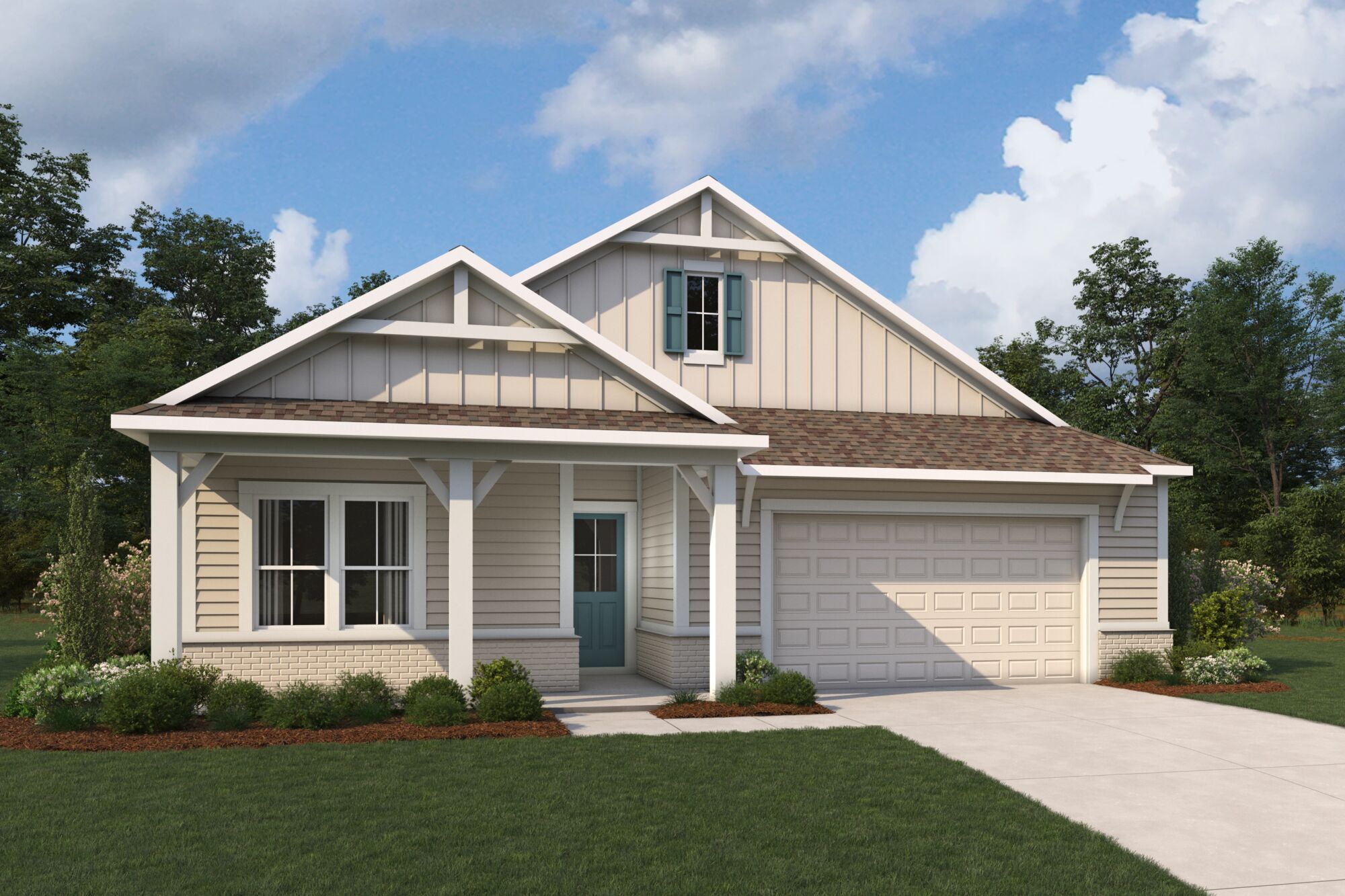  Elevation Front with garage, window, door and exterior clapboard