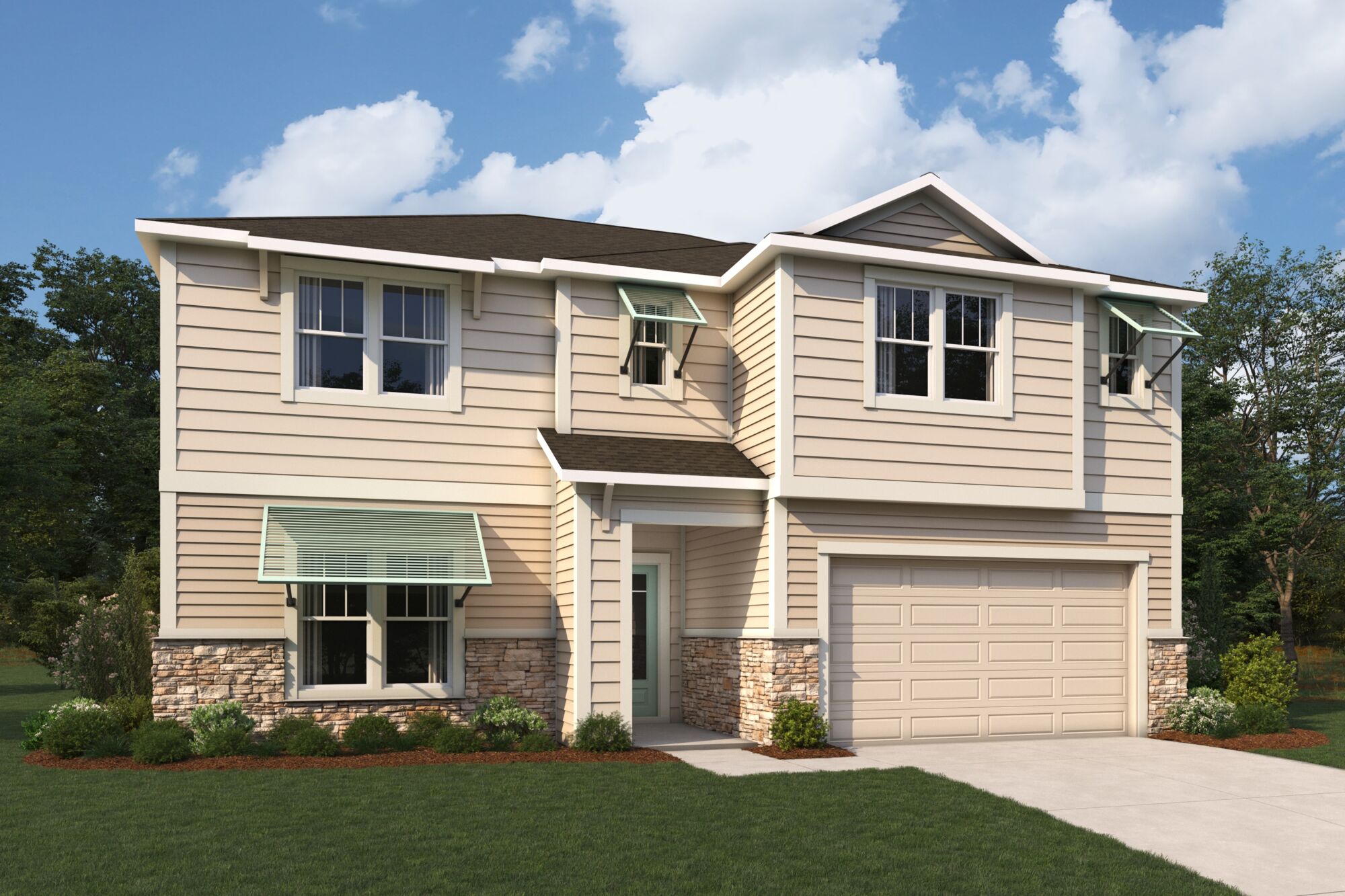  Elevation Front with window, garage, door and exterior stone