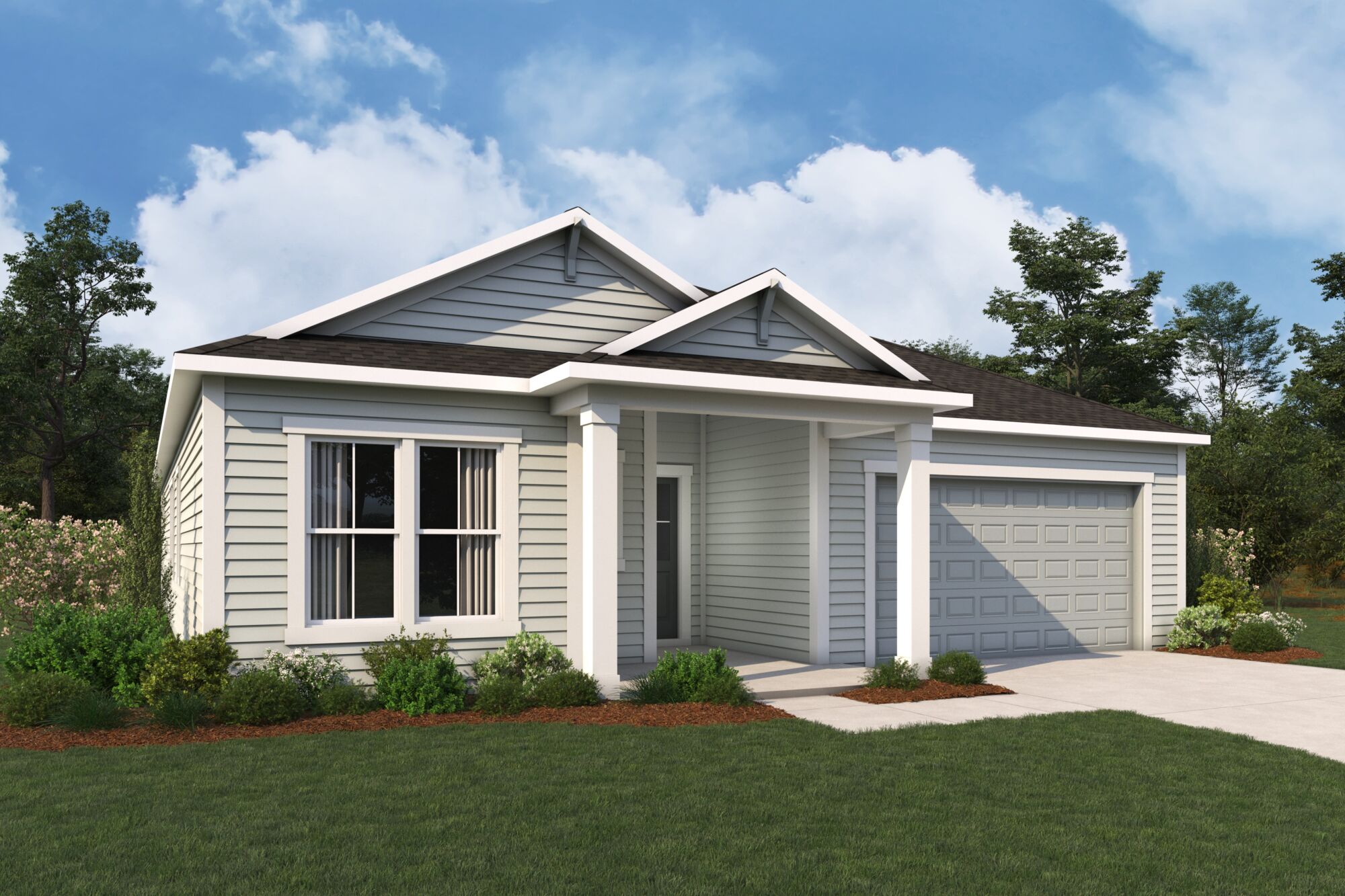  Elevation Front with garage, window, door and exterior clapboard