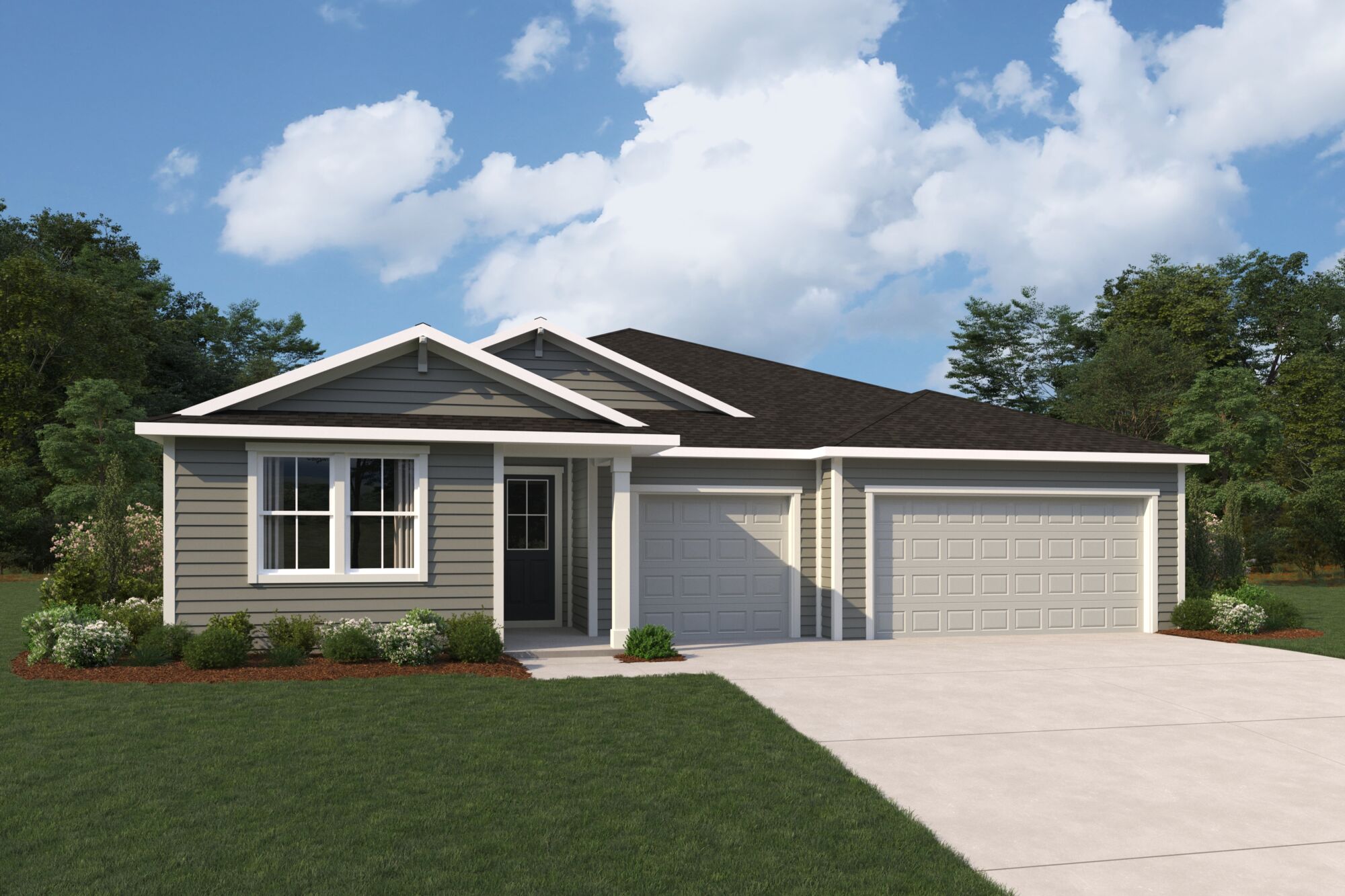  Elevation Front with garage, window, door and exterior clapboard