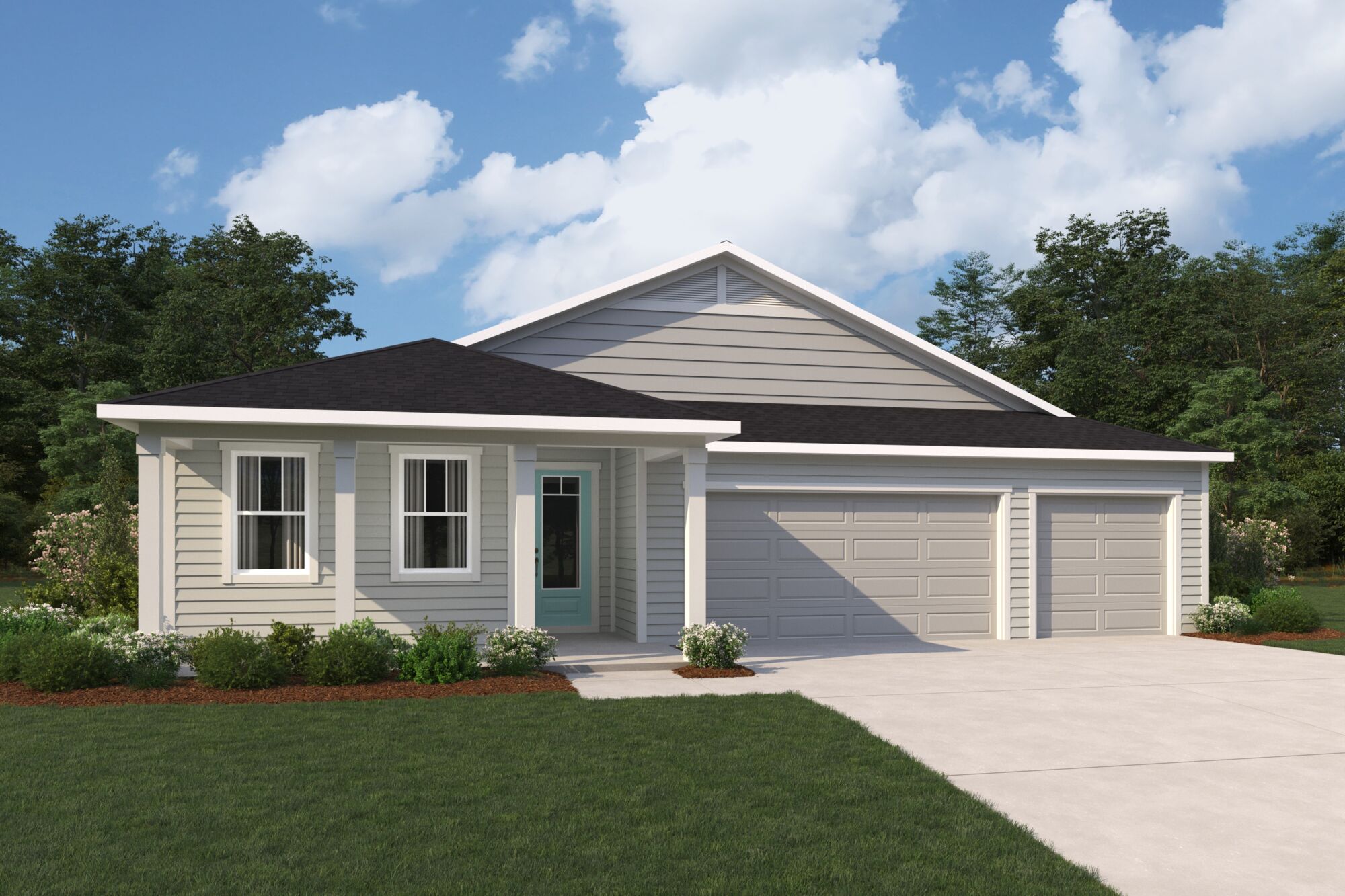  Elevation Front with garage, window, door and exterior clapboard