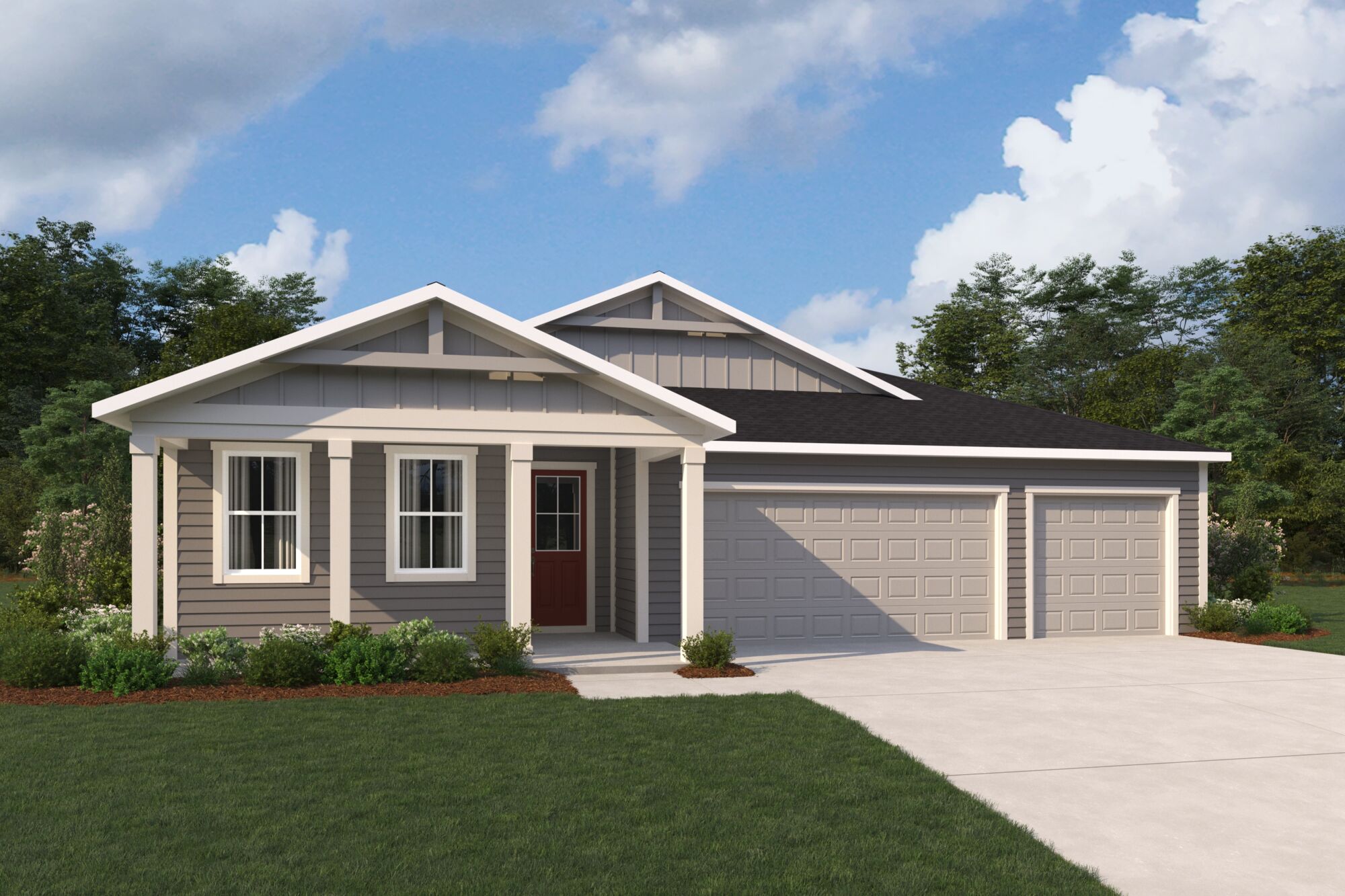  Elevation Front with garage, window, door and exterior clapboard