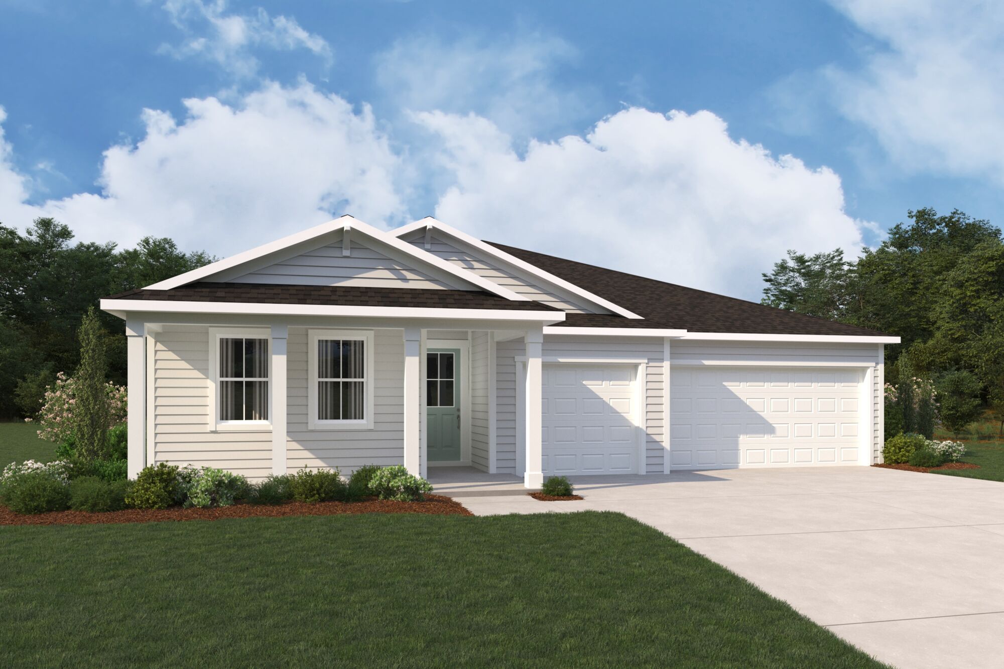 low country style exterior image rendering for a one-story home
