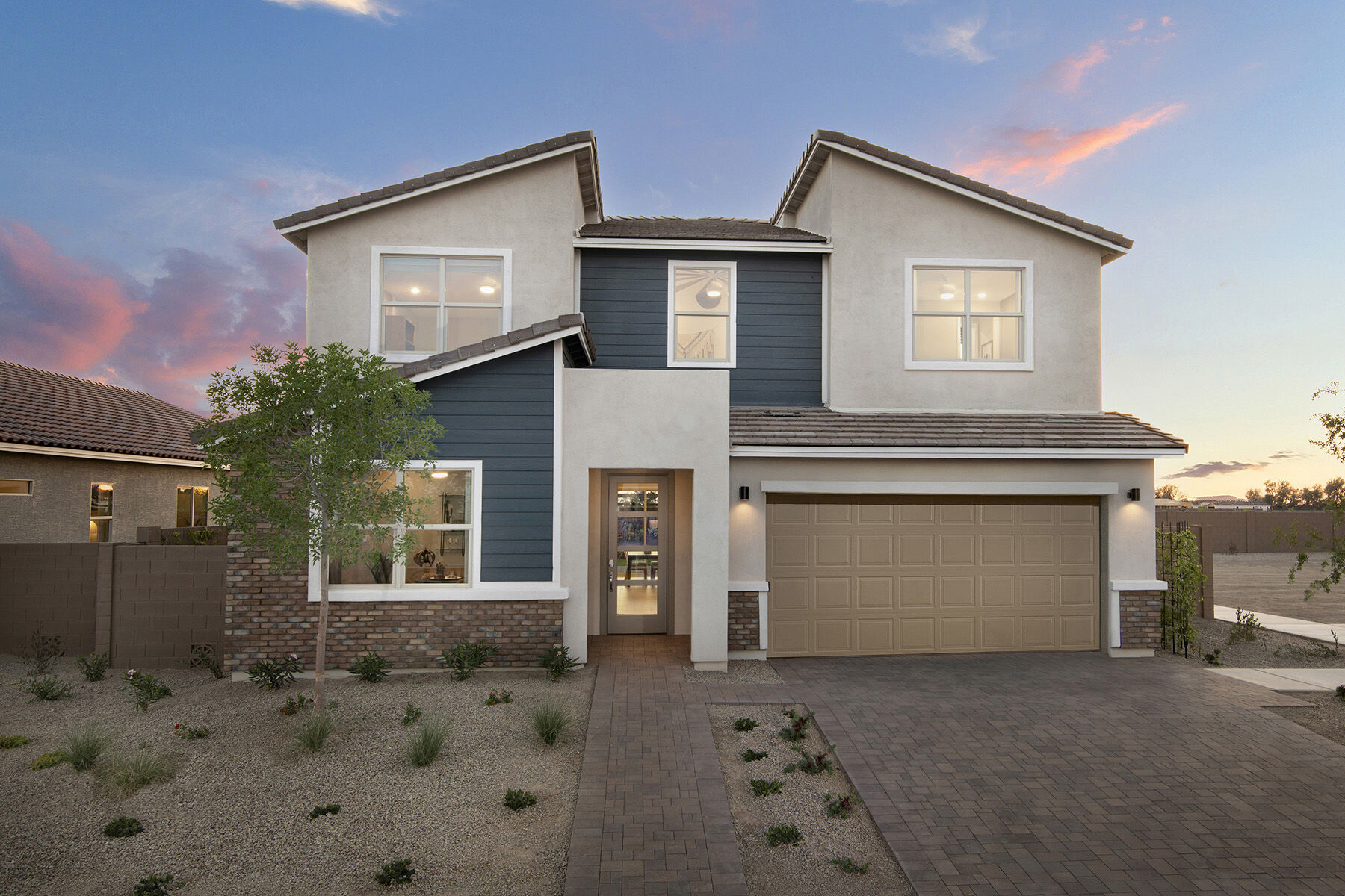 Elevation Front with garage, window, door and exterior clapboard