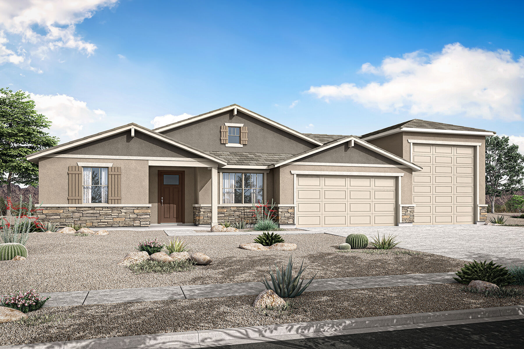  Elevation Front with window, garage, door and exterior stone