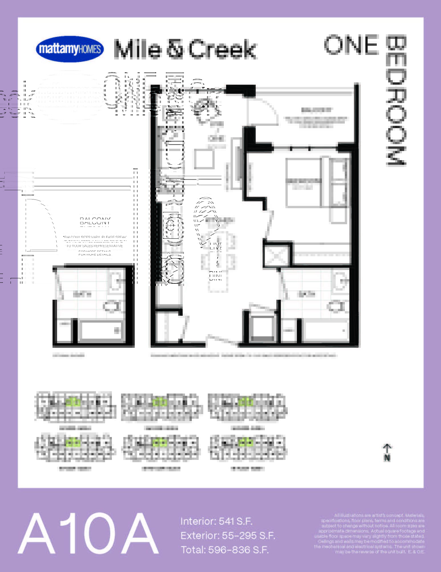 Floorplan showing a 541 square foot 1 Bedroom Layout with 1 washroom and a balcony