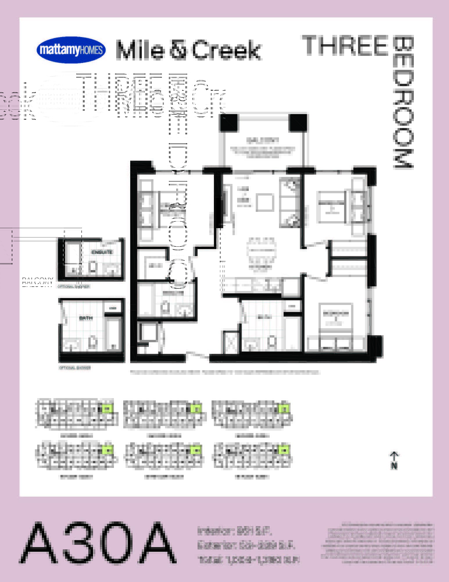 Floorplan showing a 951 square foot 3 Bedroom Layout with 2 washrooms and a balcony