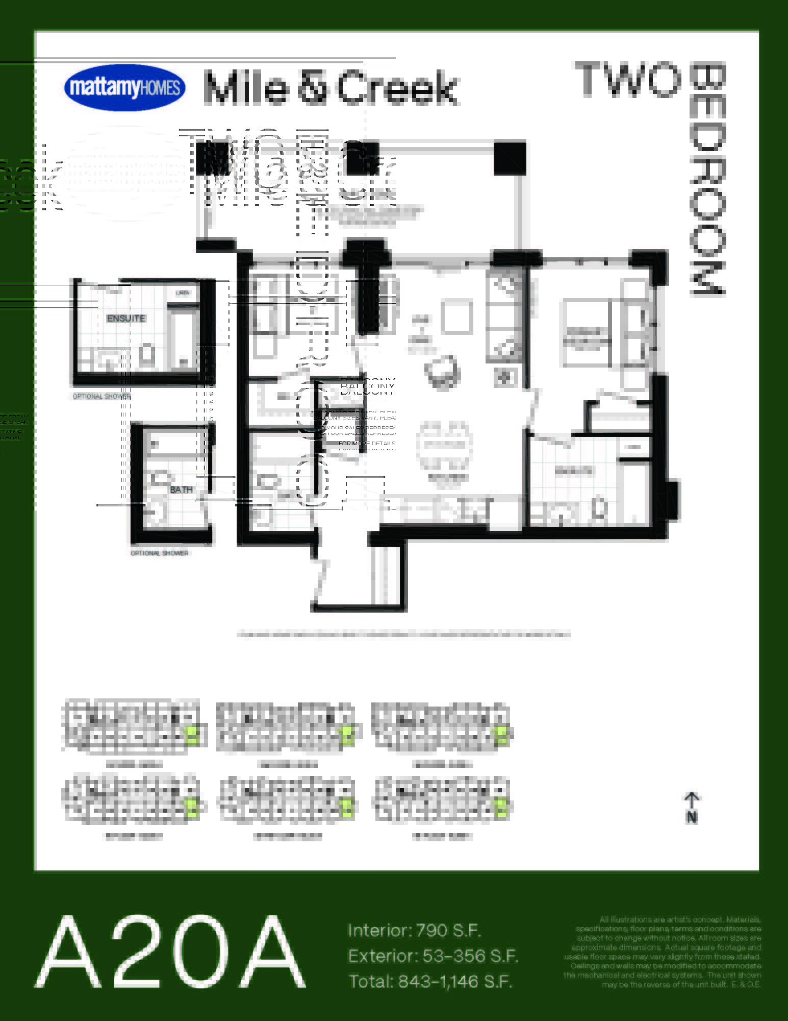 Floorplan showing a 790 square foot 2 Bedroom Layout with 2 washrooms and a balcony