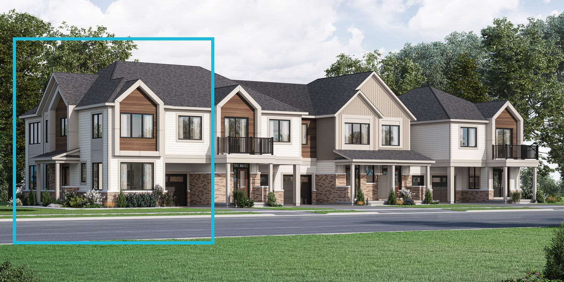  Town Homes with door, window, garage and exterior clapboard