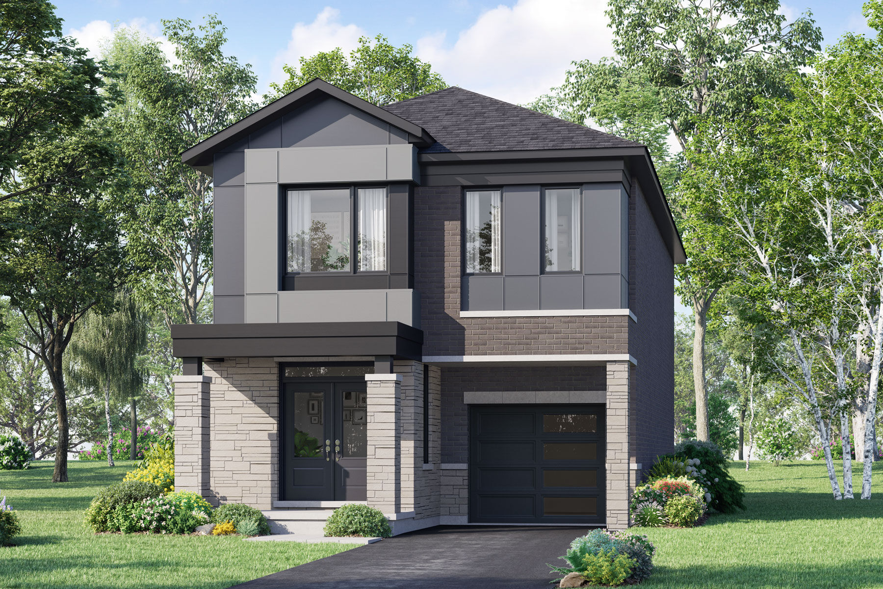  Elevation Front with garage, door, window and exterior clapboard