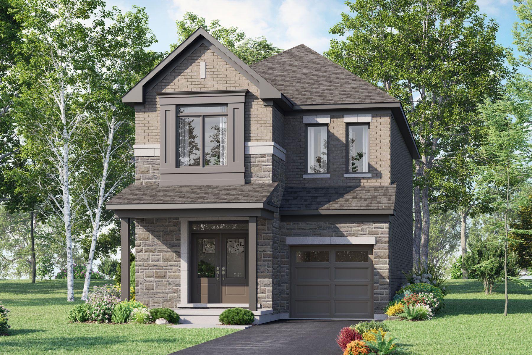  Elevation Front with garage, door, window and exterior stone