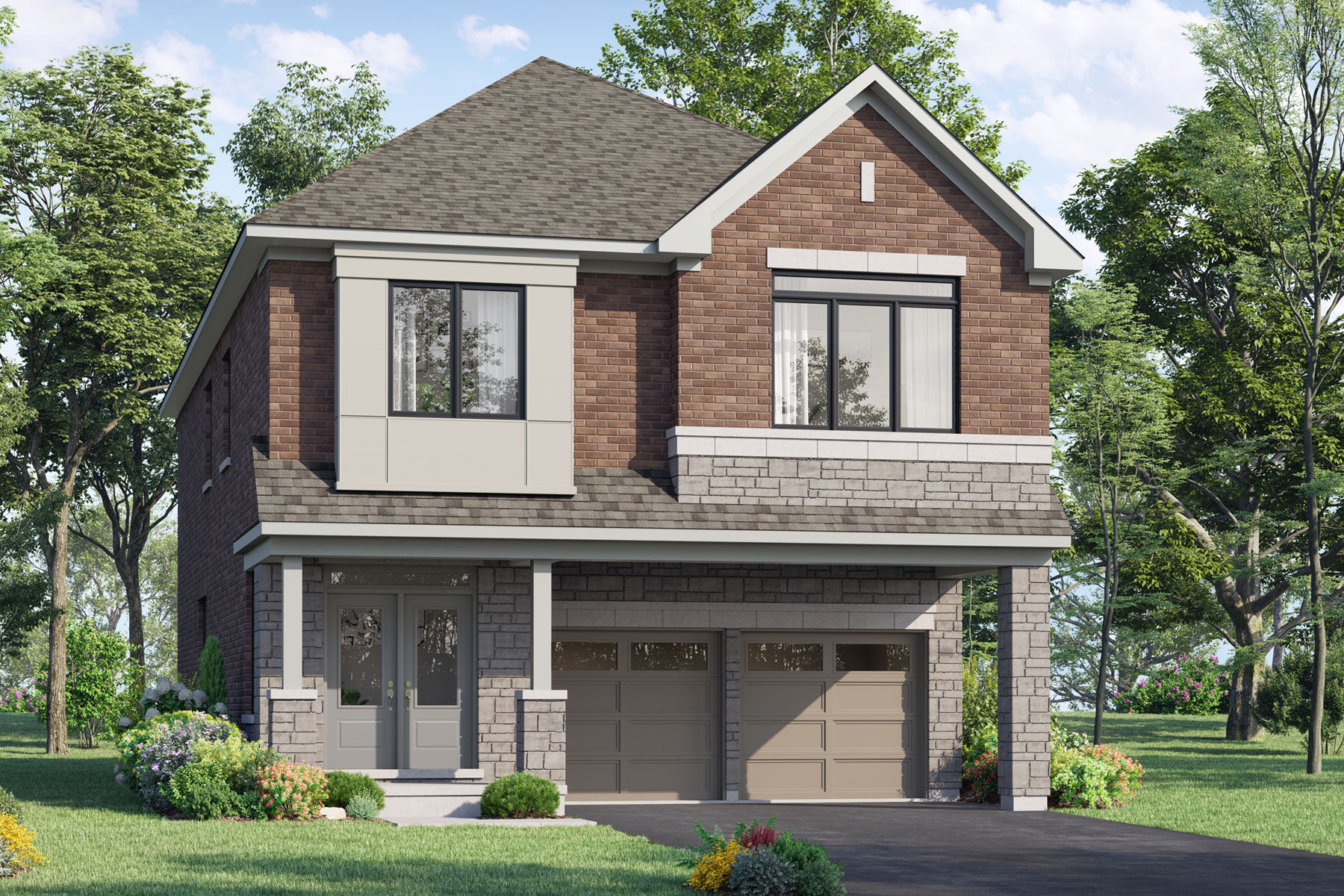  Elevation Front with garage, door, window and exterior brick