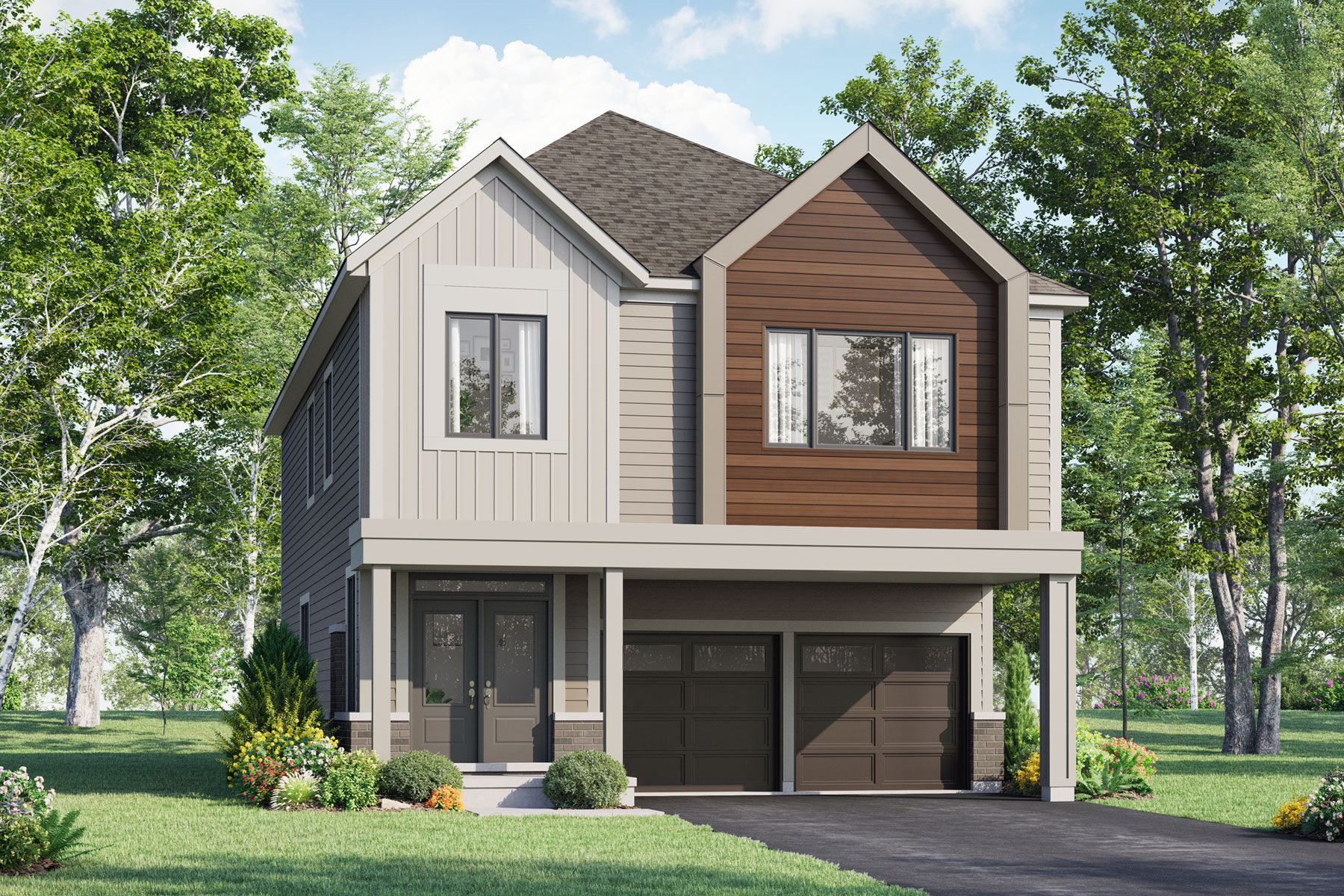  Elevation Front with door, garage, window and exterior clapboard
