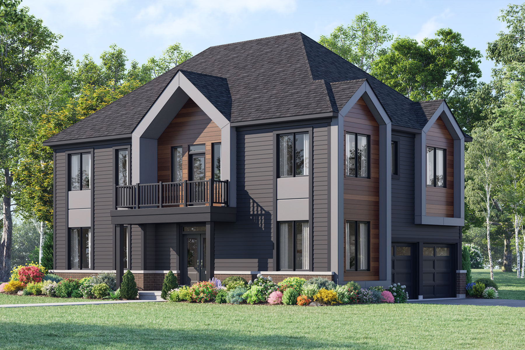 Elevation Front with garage, door, window and exterior clapboard