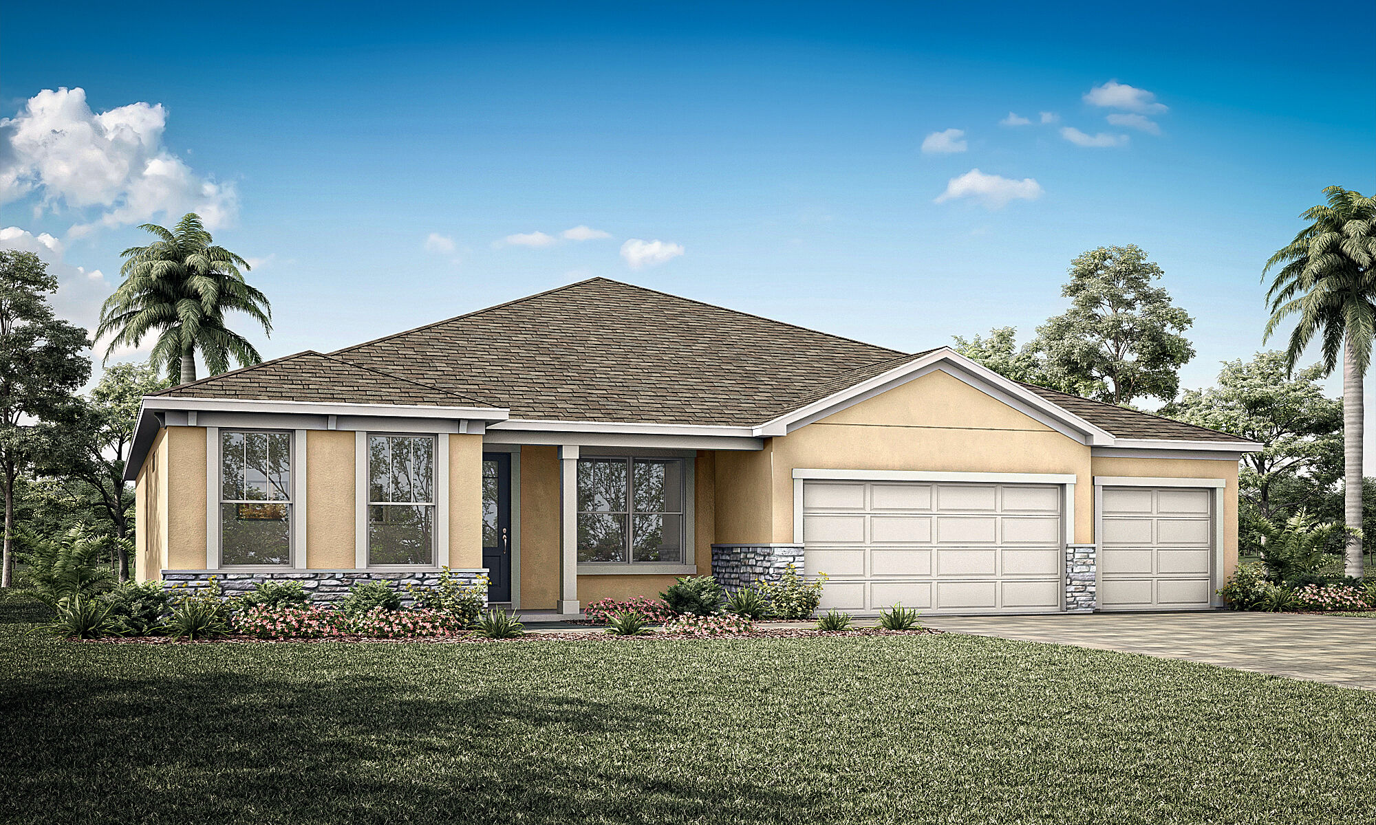  Elevation Front with garage, window, door and exterior stone