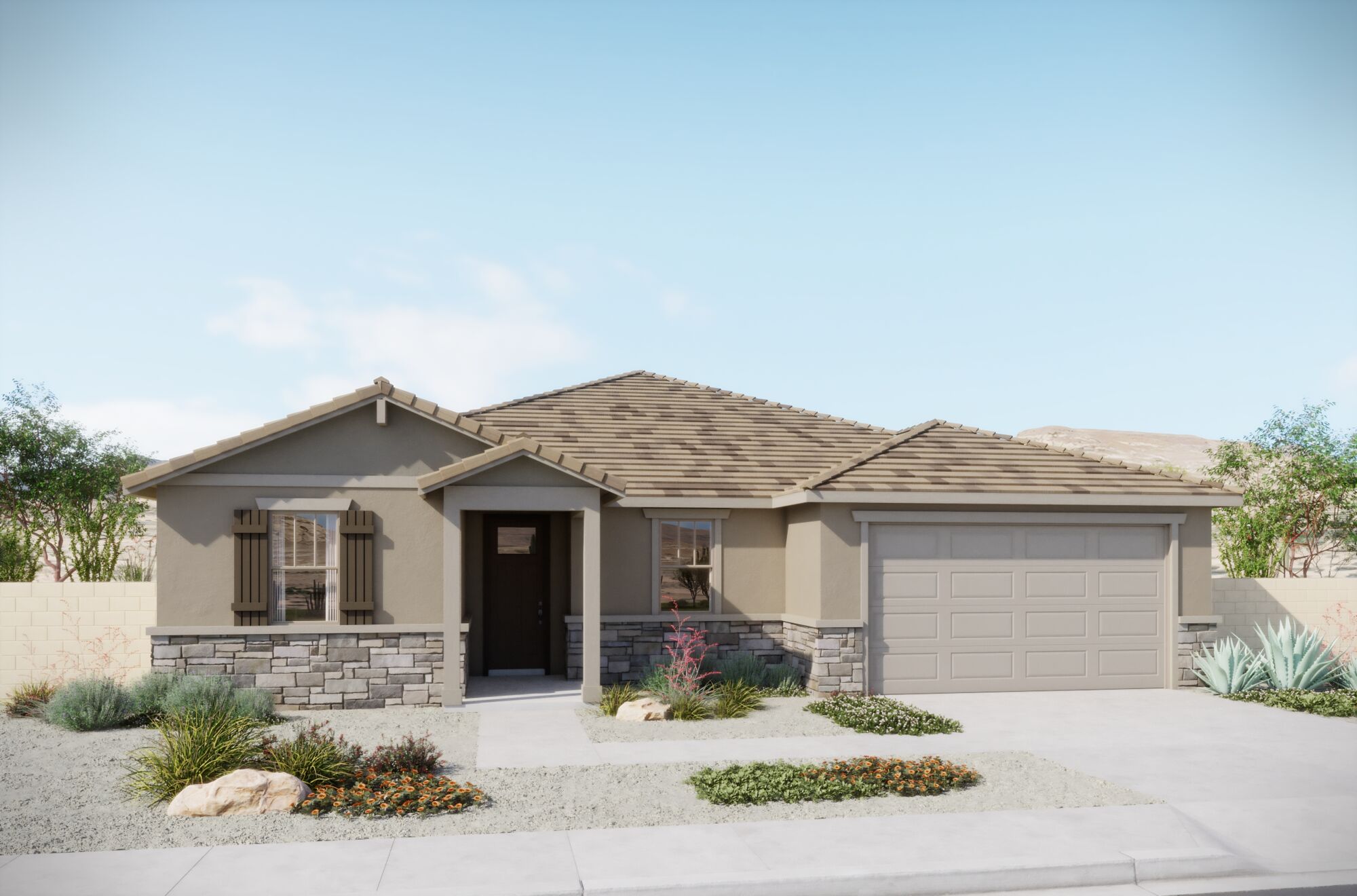  Elevation Front with window, garage, door and exterior stone