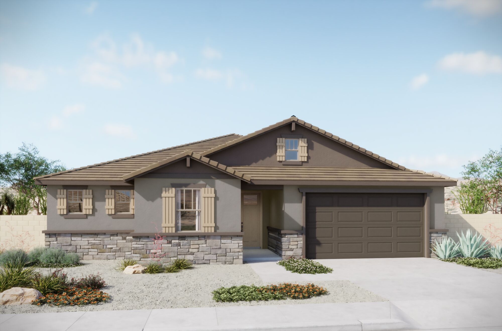 Elevation Front with garage, window, exterior stone and door