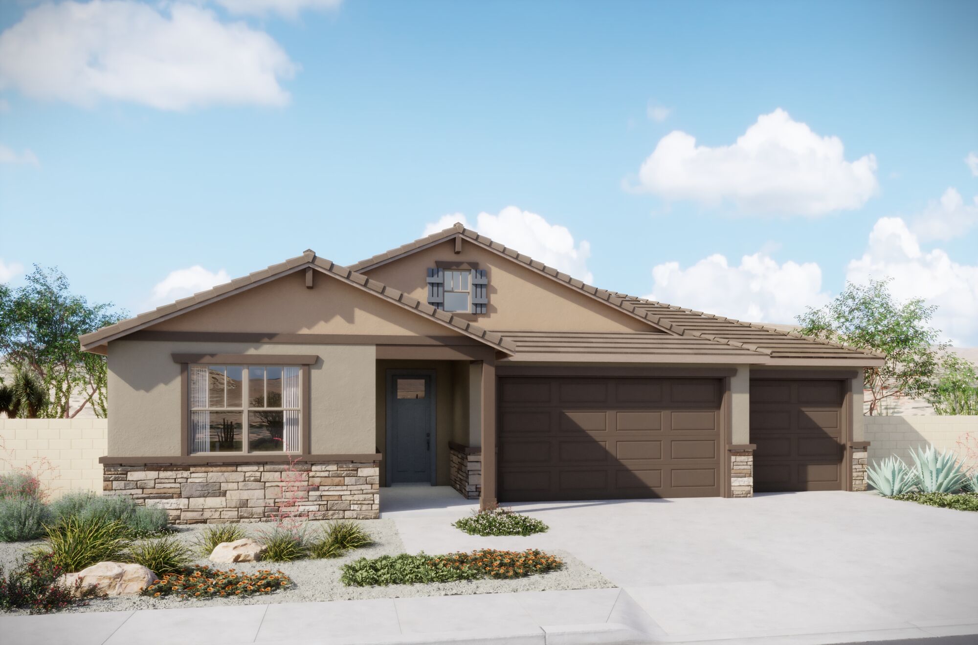  Elevation Front with garage, door and exterior stone