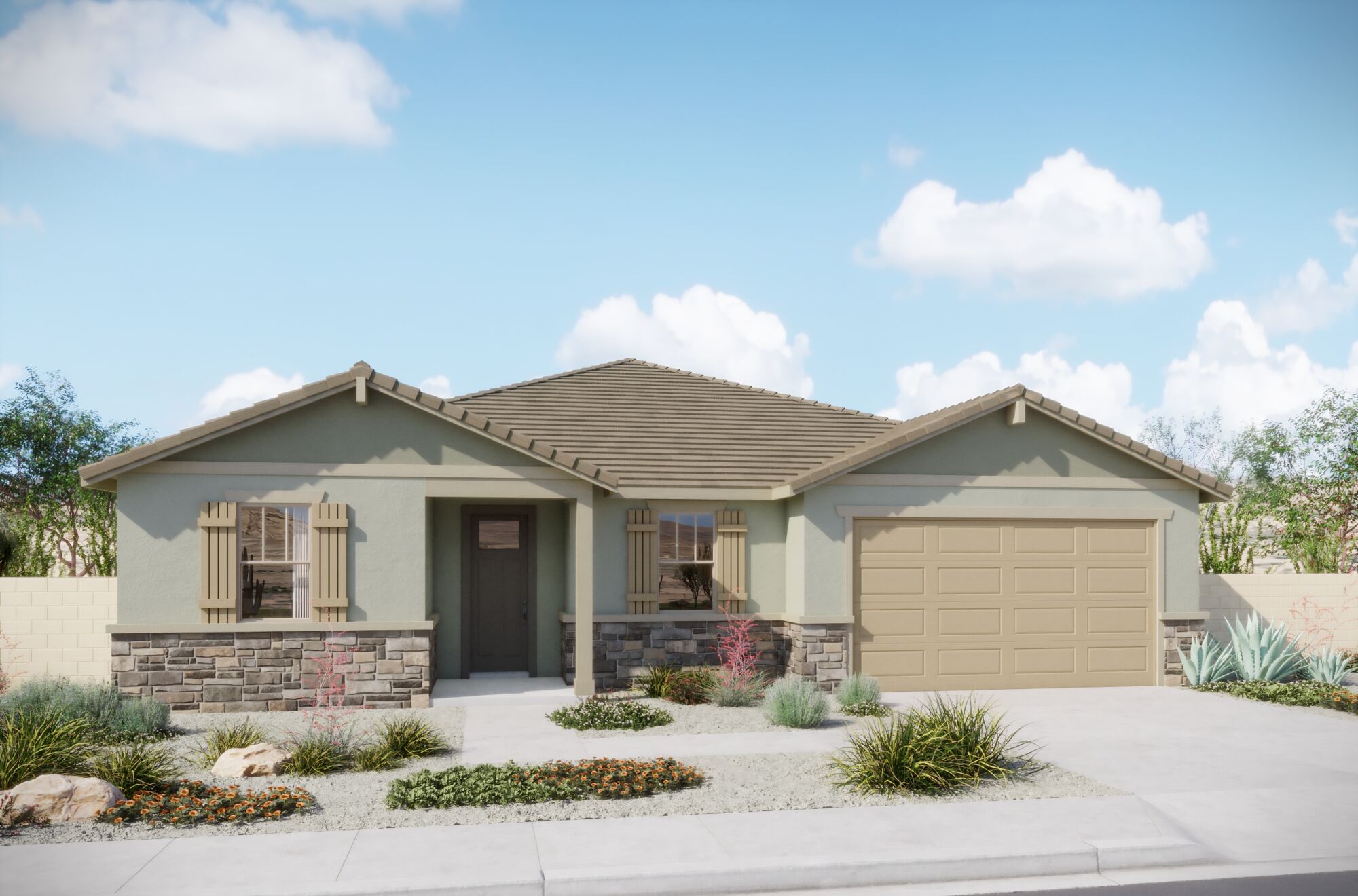  Elevation Front with window, garage, door and exterior stone