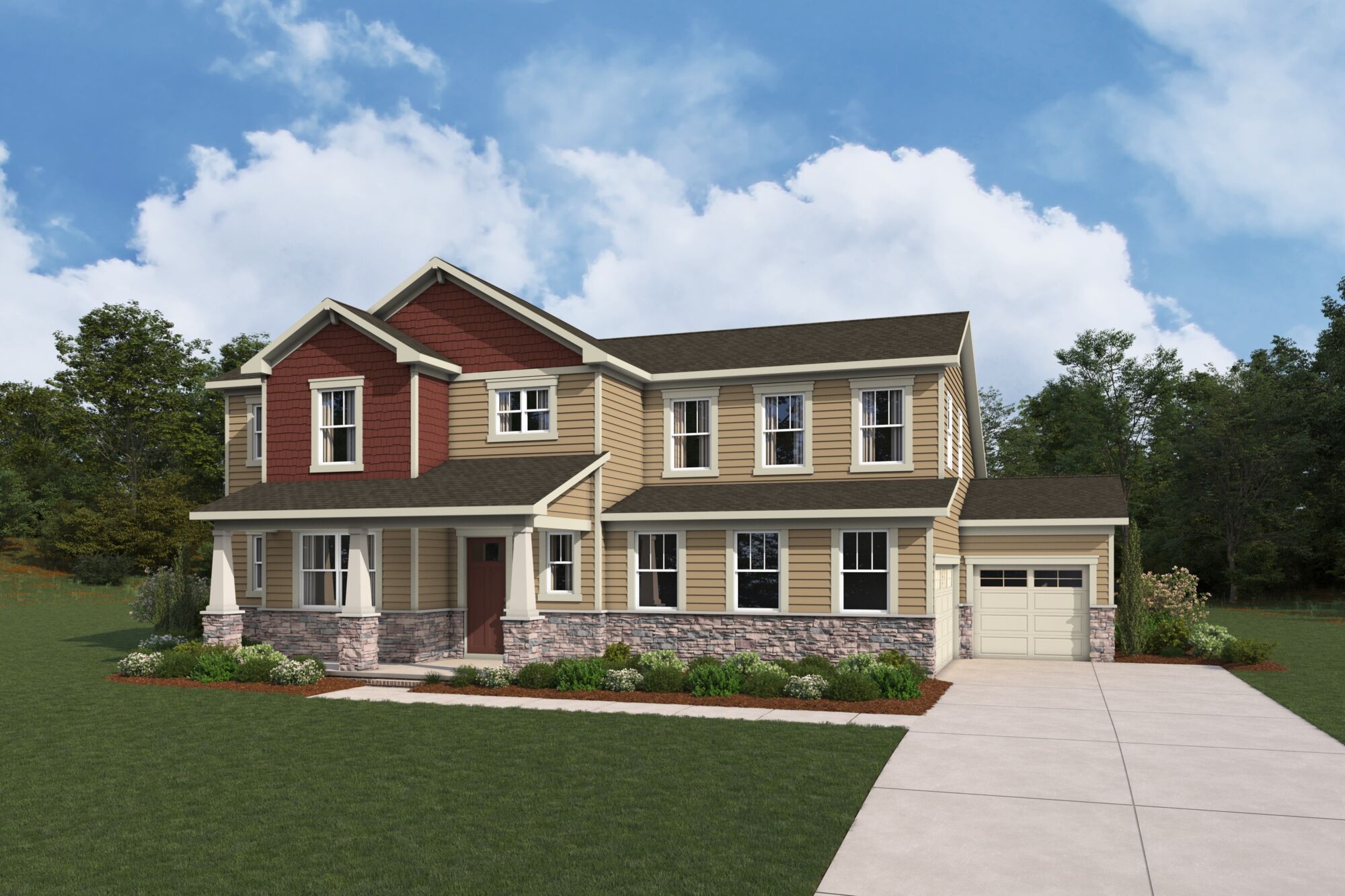  Elevation Front with garage, window, door, exterior clapboard and exterior stone