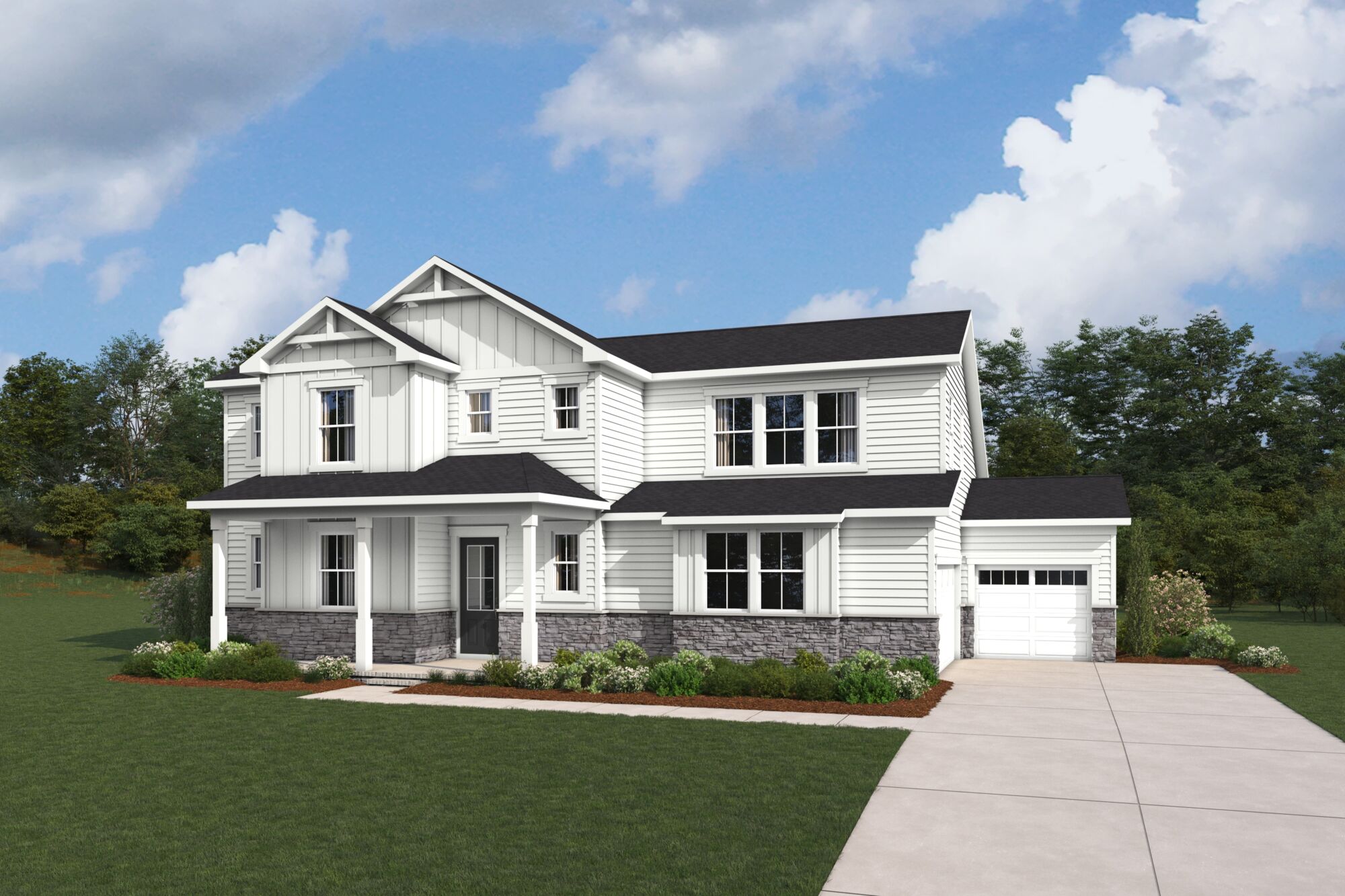 Elevation Front with garage, window, door, exterior clapboard and exterior stone