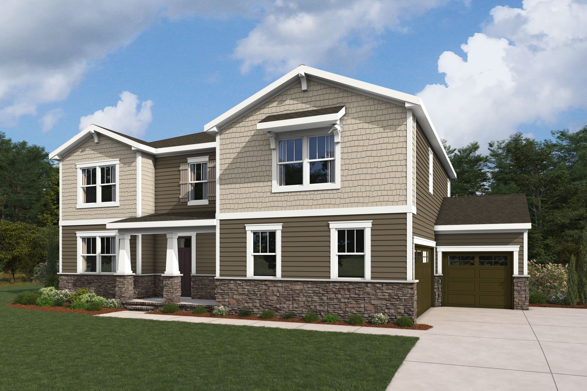  Elevation Front with window, garage, door, exterior stone and exterior clapboard