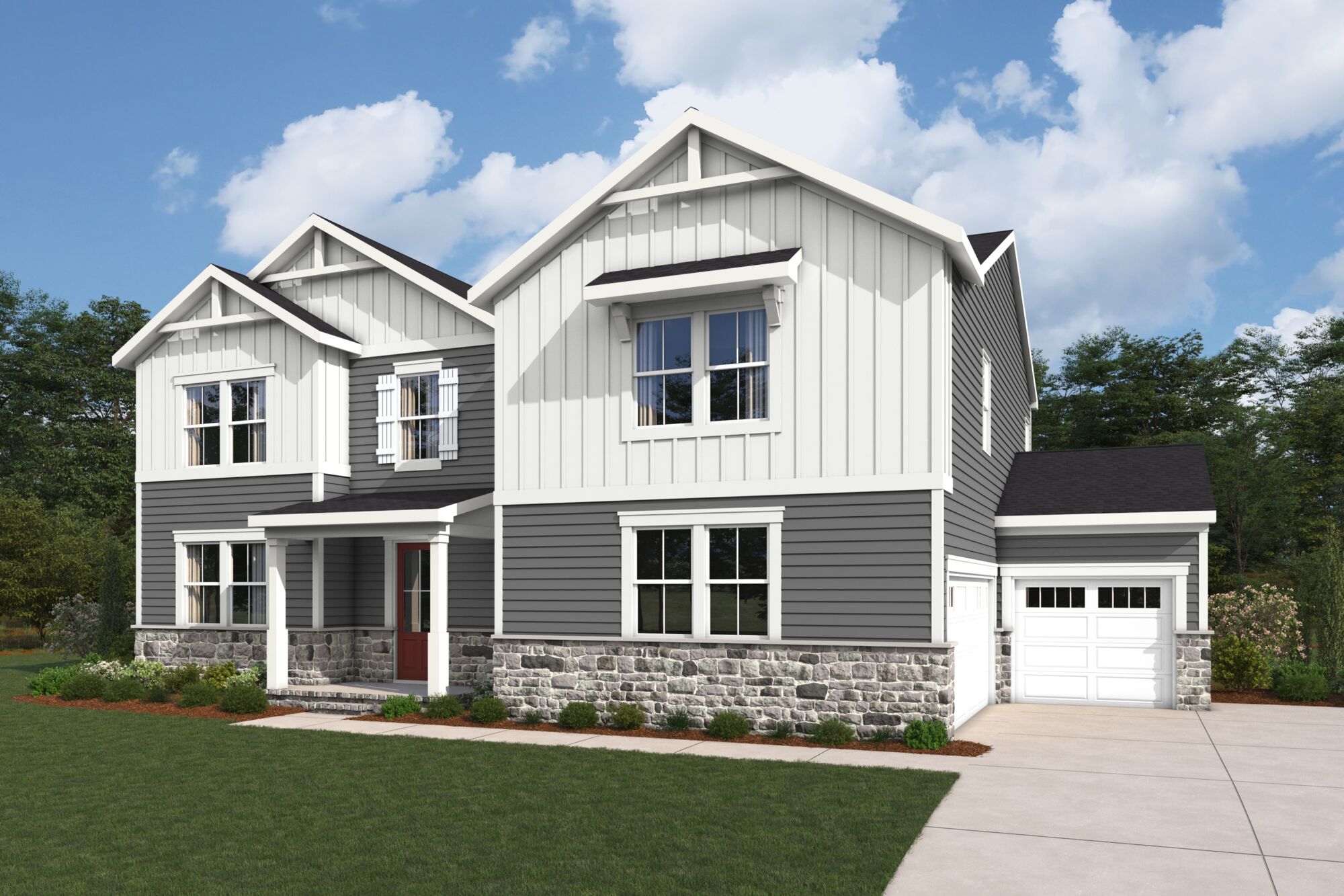  Elevation Front with garage, window, exterior stone and exterior clapboard