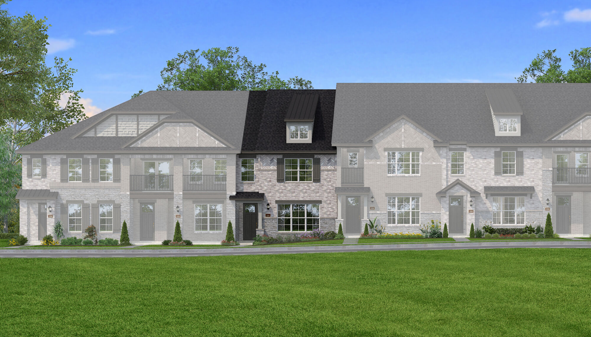 Town Homes with window, garage, door and exterior stone