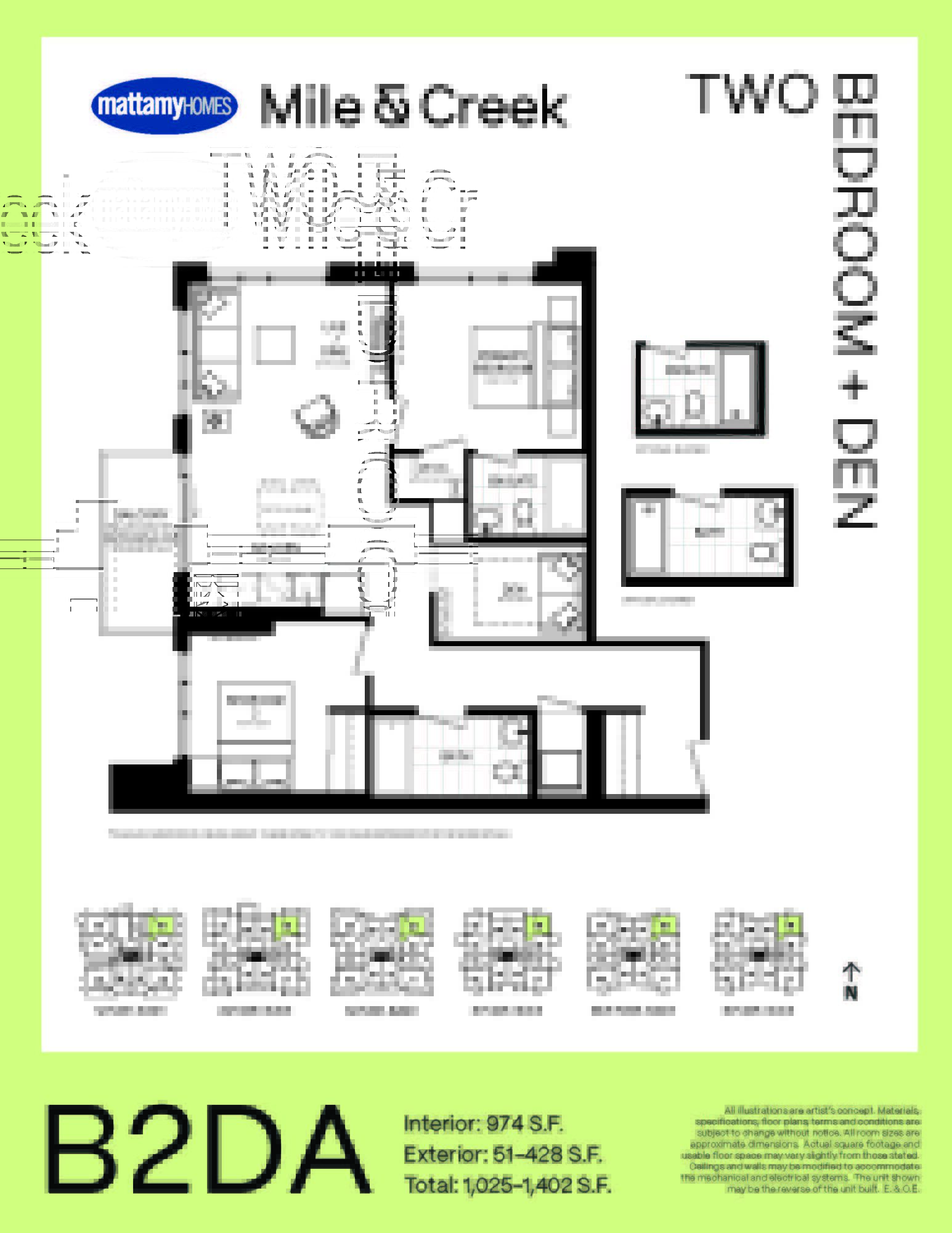 Floorplan showing a 974 square foot 2 Bedroom+Den Layout with 2 washroom and a balcony