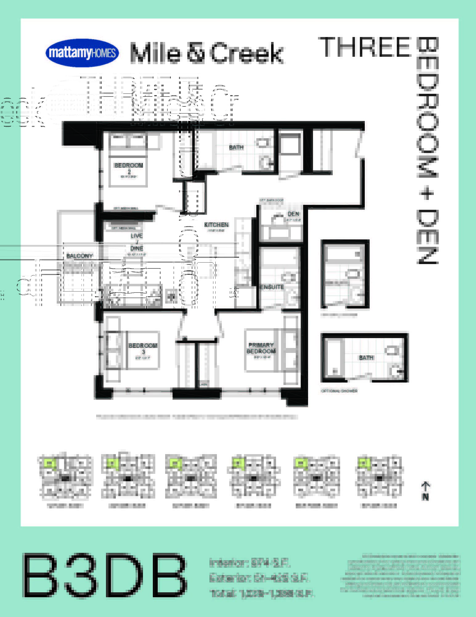 Floorplan showing a 974 square foot 3 Bedroom + Den Layout with 2 washroom and a balcony