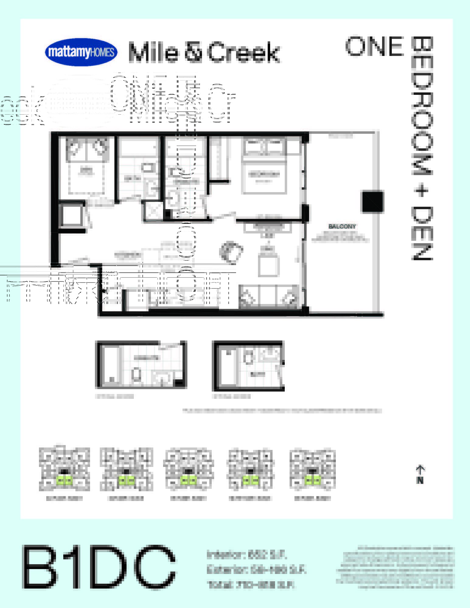 Floorplan showing a 652 square foot 1 Bedroom + Den Layout with 2 washrooms and a balcony