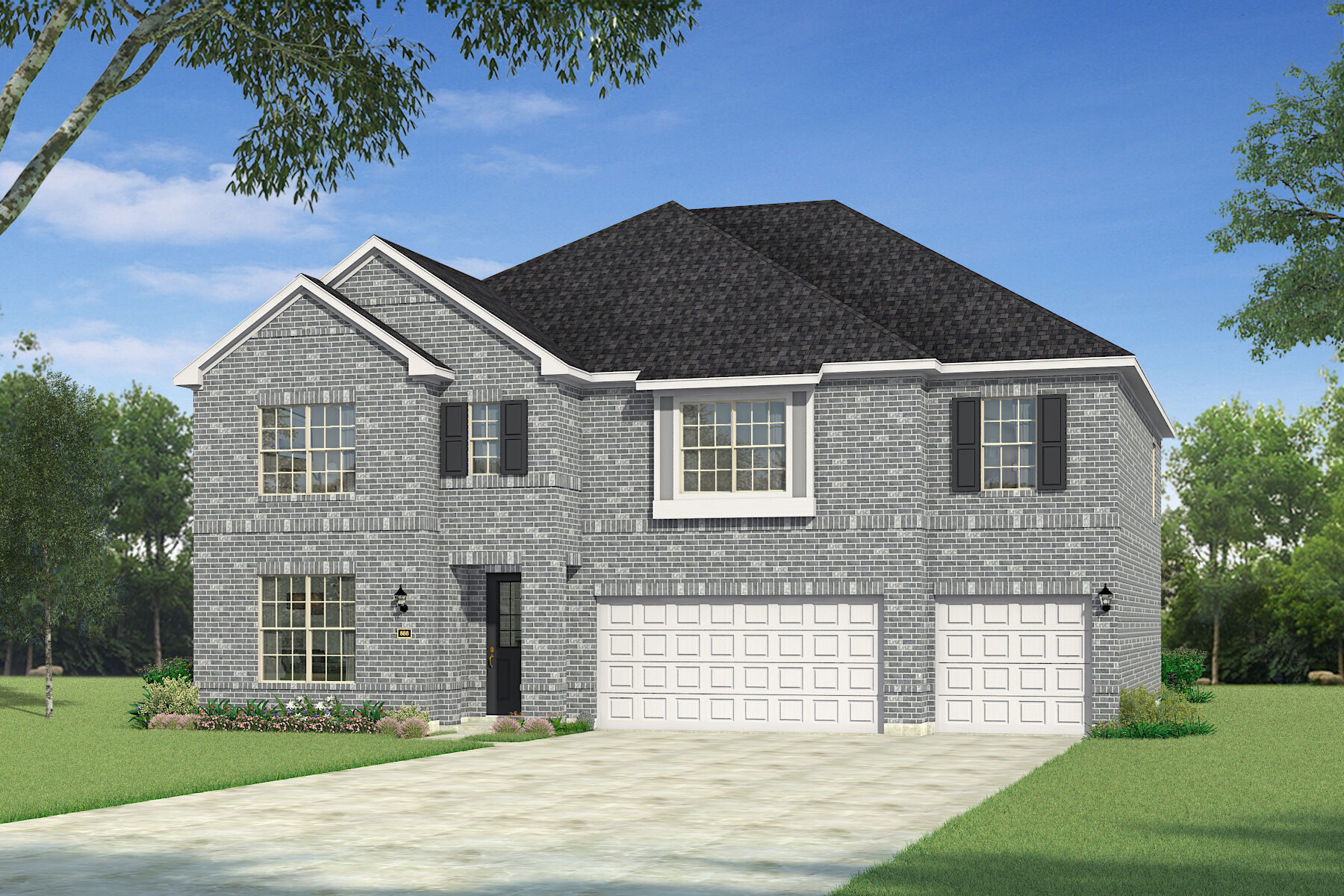 Elevation Front with window, garage, door and exterior brick