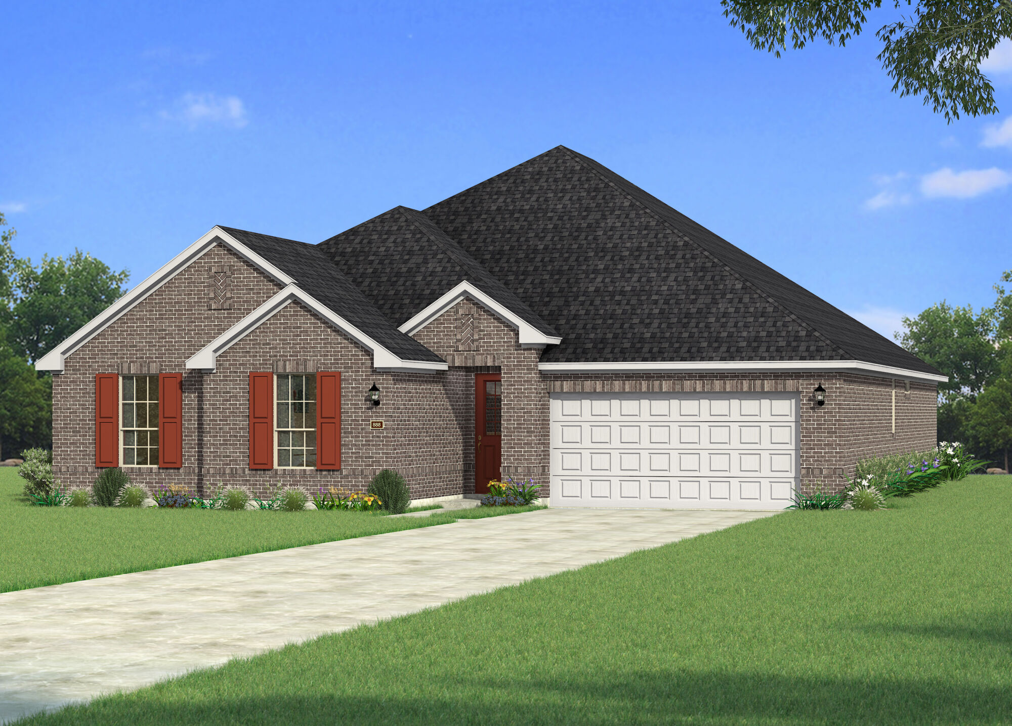 Elevation Front with window, garage, door and exterior brick