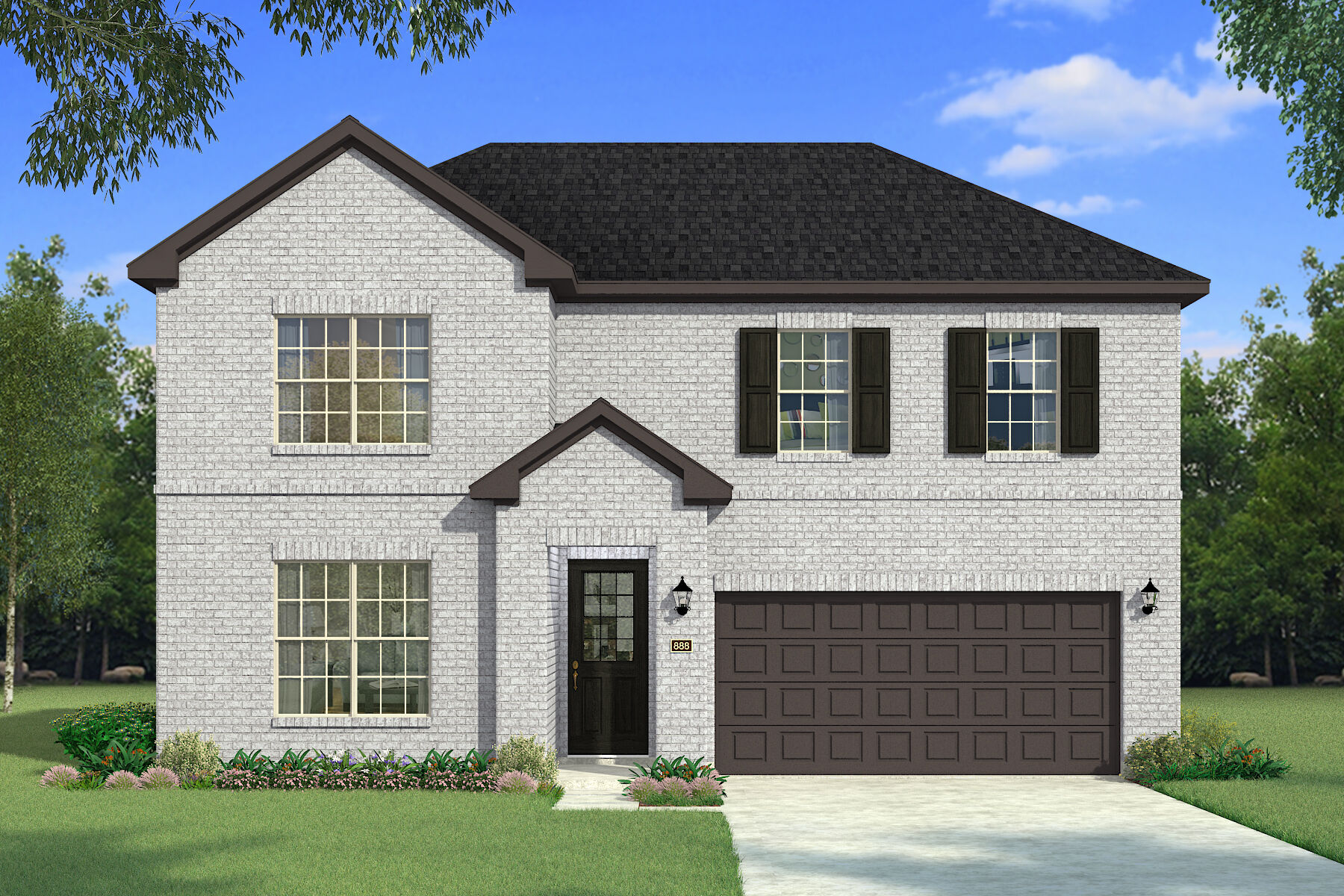  Elevation Front with window, garage, door and exterior brick