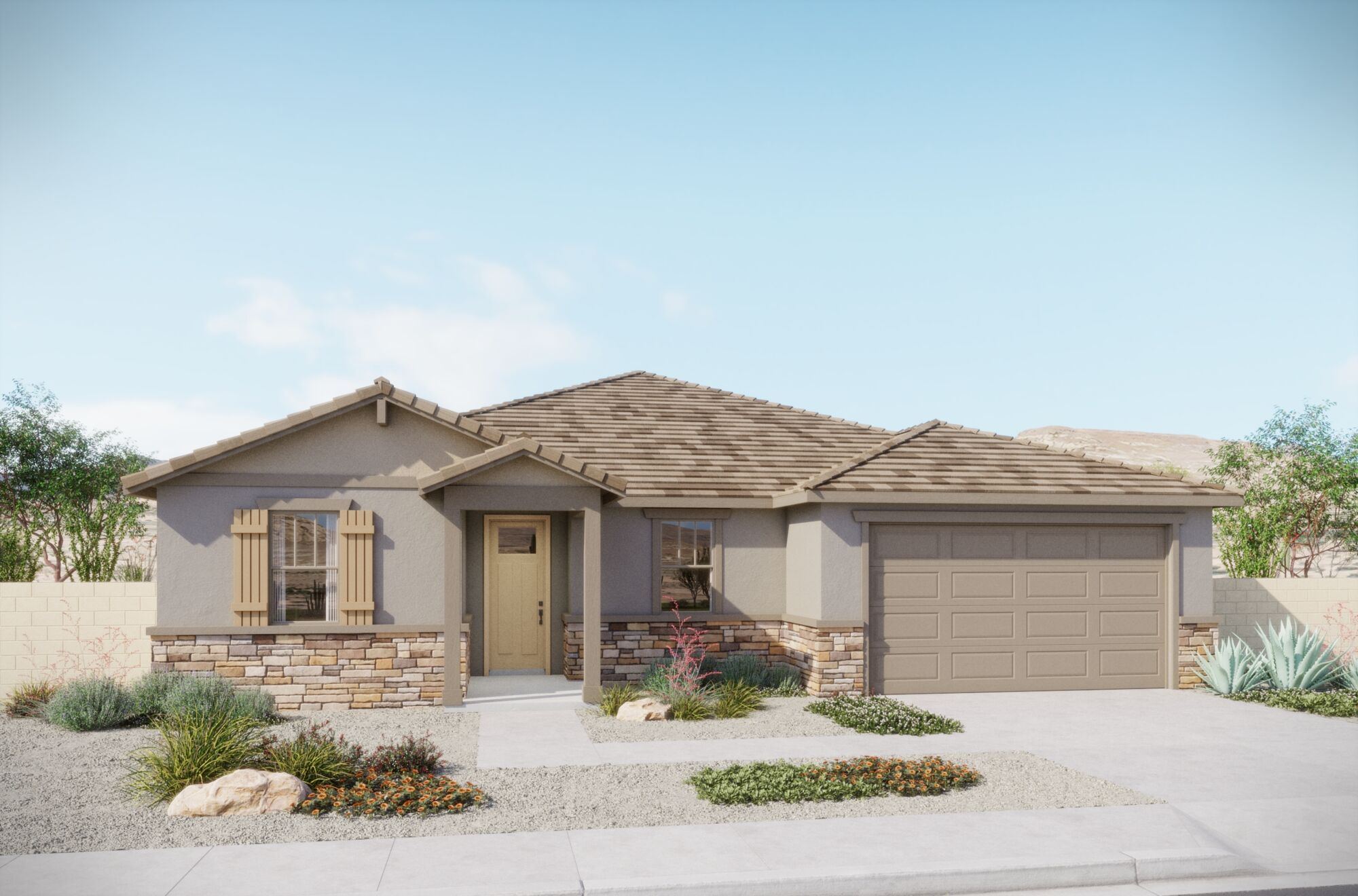  Elevation Front with window, garage, door and exterior stone