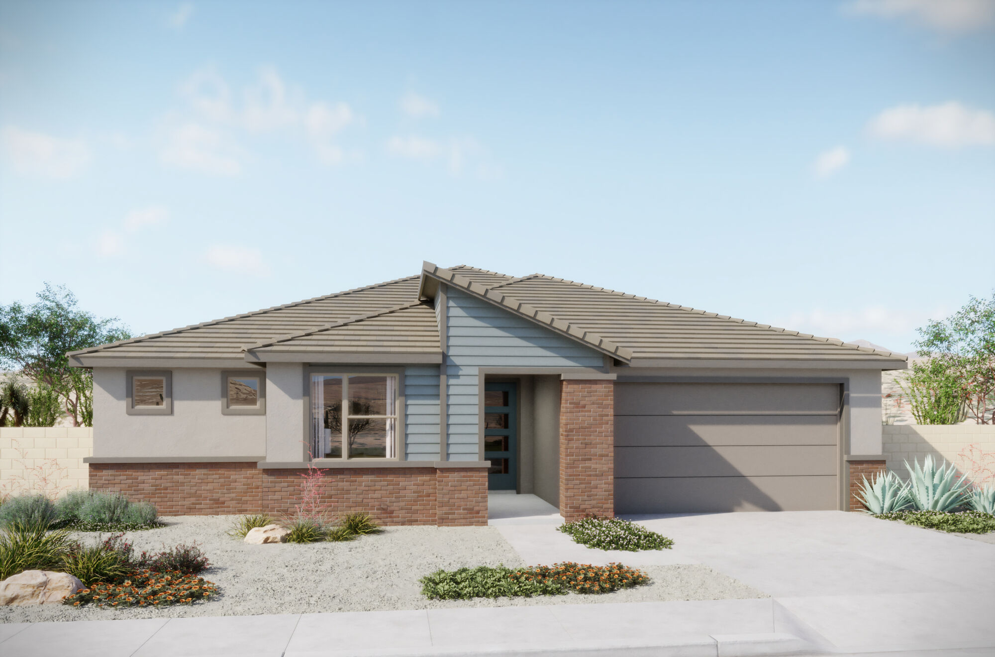  Elevation Front with garage, window, exterior brick, exterior clapboard and door