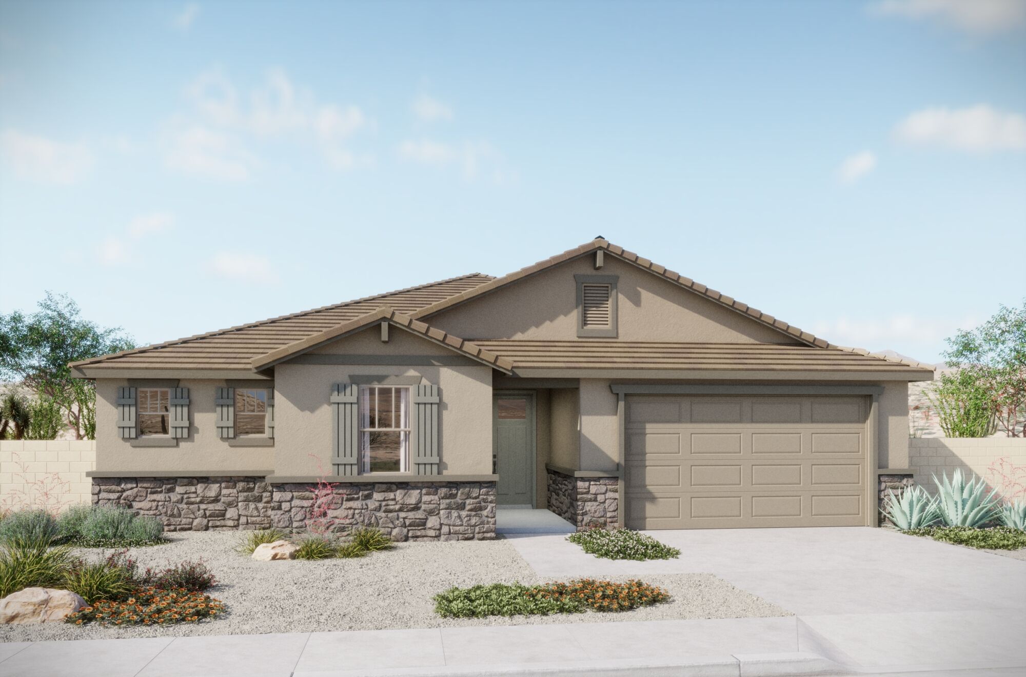  Elevation Front with garage, window, door and exterior stone