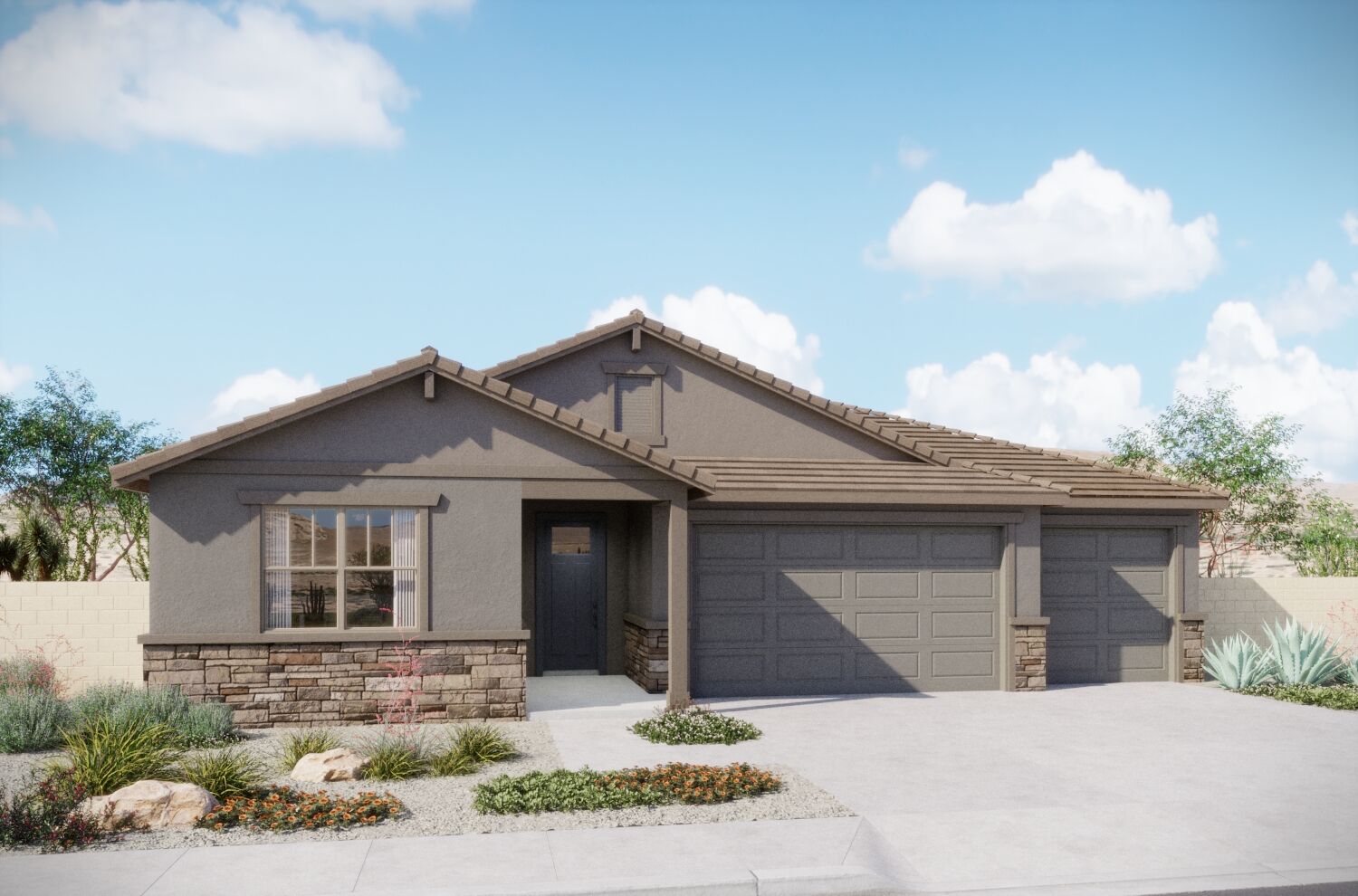  Elevation Front with garage, door, window and exterior stone