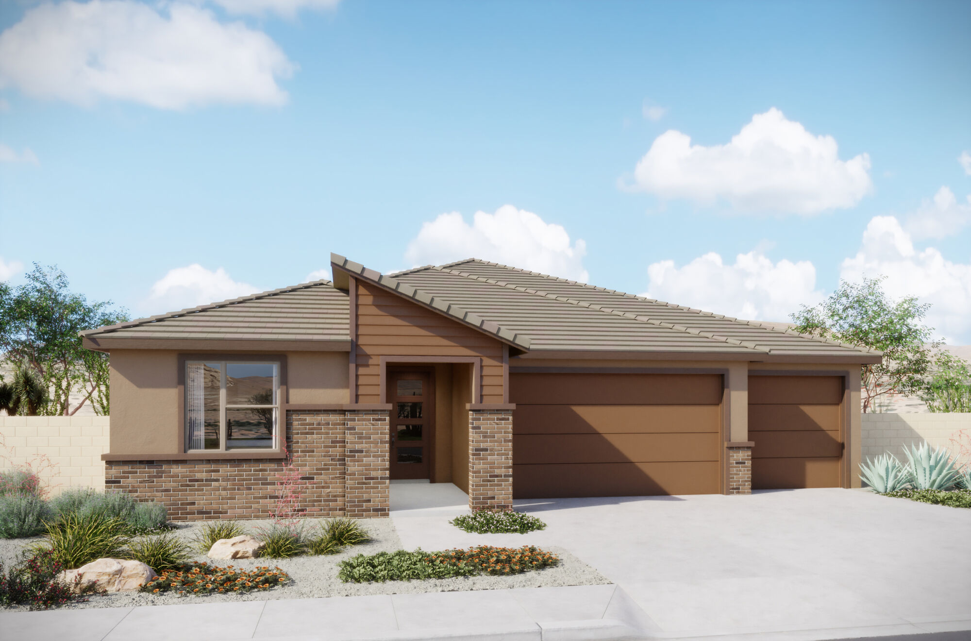 Elevation Front with garage, window, exterior stone and exterior brick
