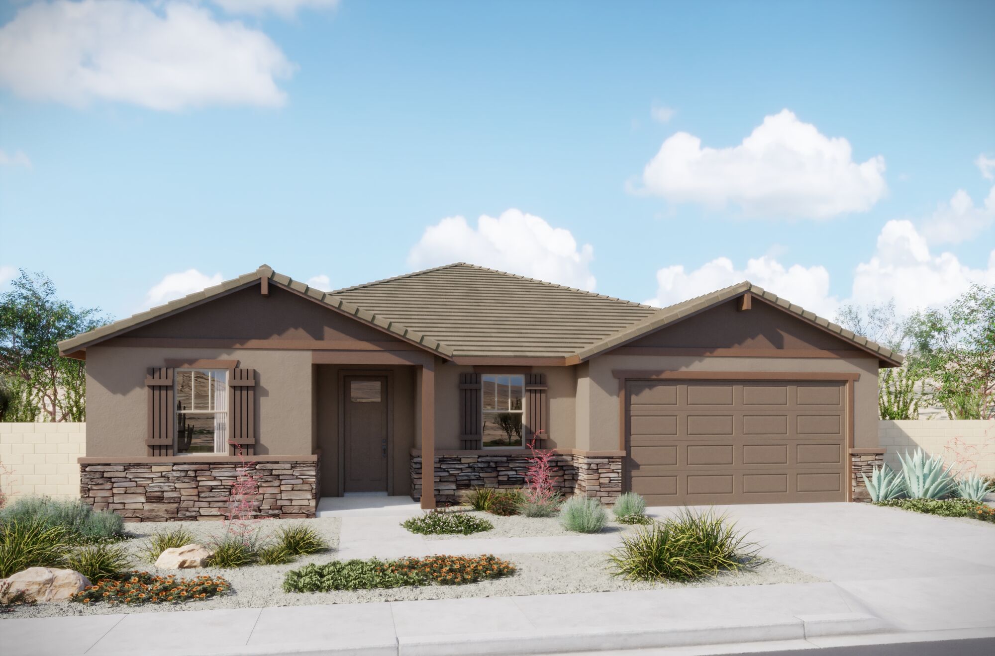  Elevation Front with window, garage, door and exterior stone