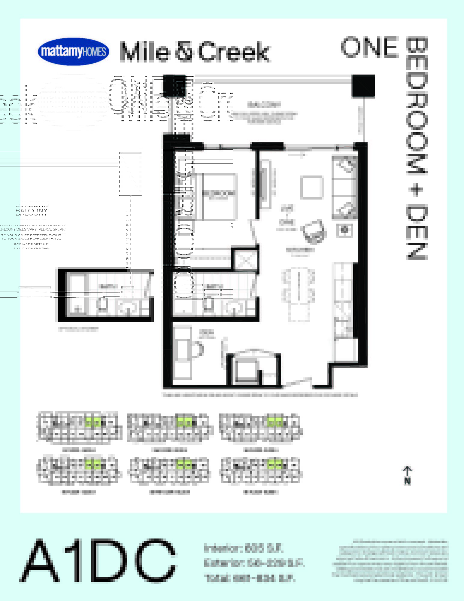 Floorplan showing a 605 square foot 1 Bedroom + Den Layout with 1 washroom and a balcony