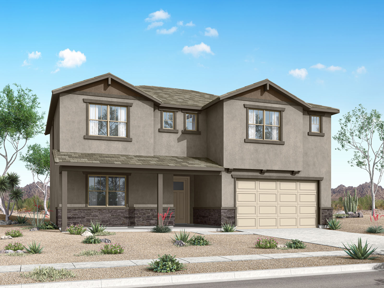  Elevation Front with garage, door, window and exterior stone