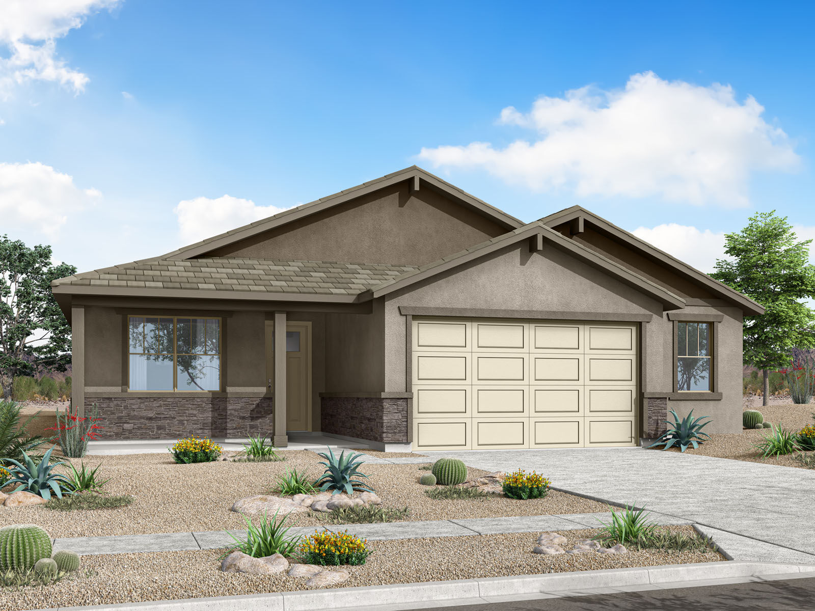  Elevation Front with garage, door, window and exterior stone