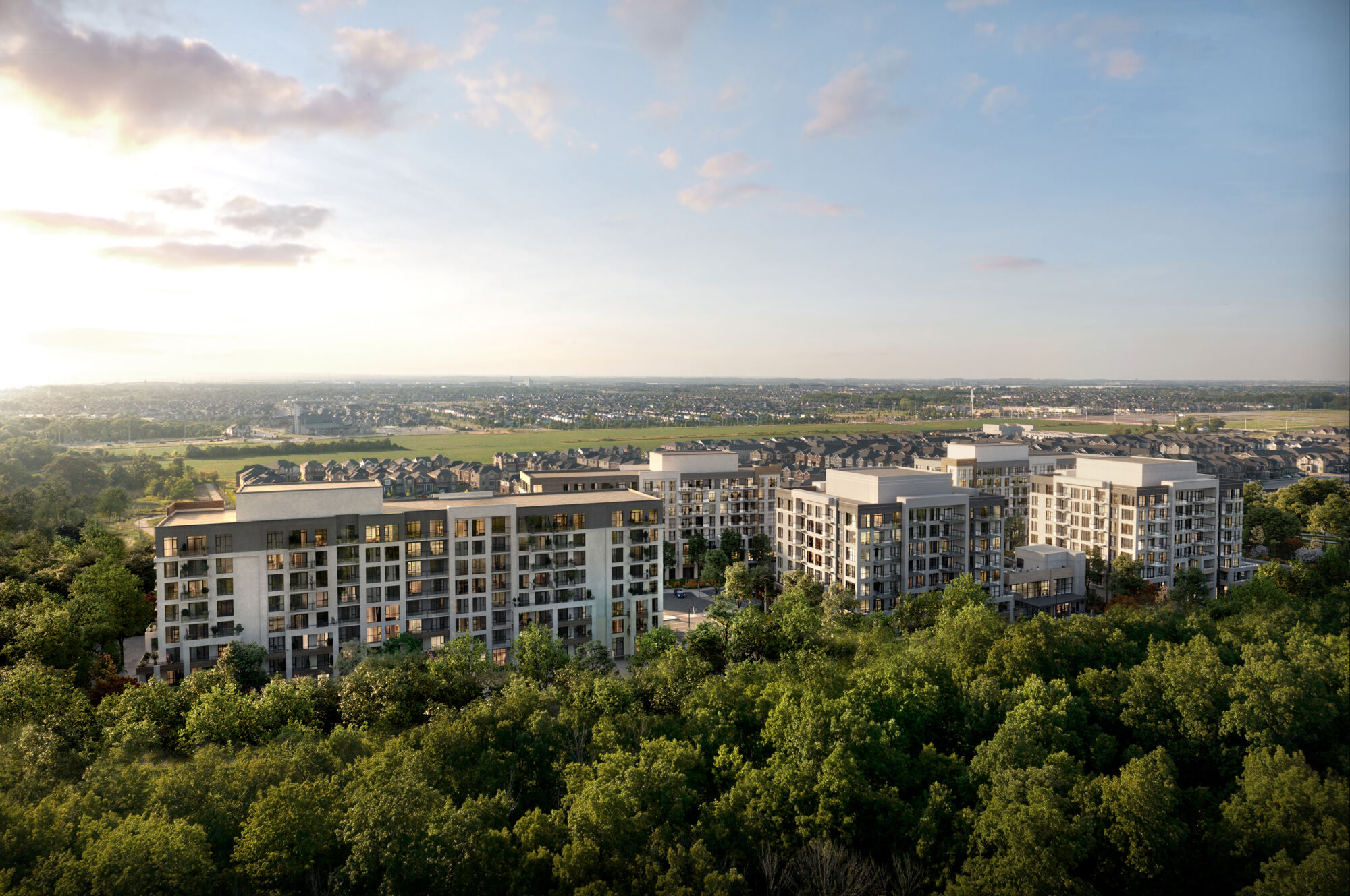 Aerial rendering of suburban condo community backing onto a nature preserve