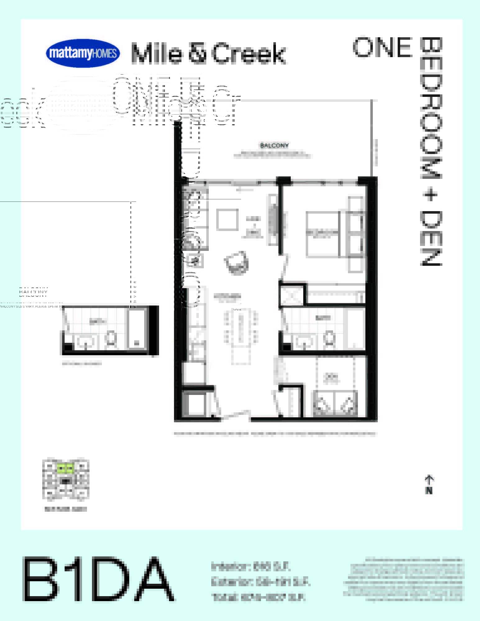 Floorplan showing a 616 square foot 1 bedroom and den with 1 washroom and a balcony