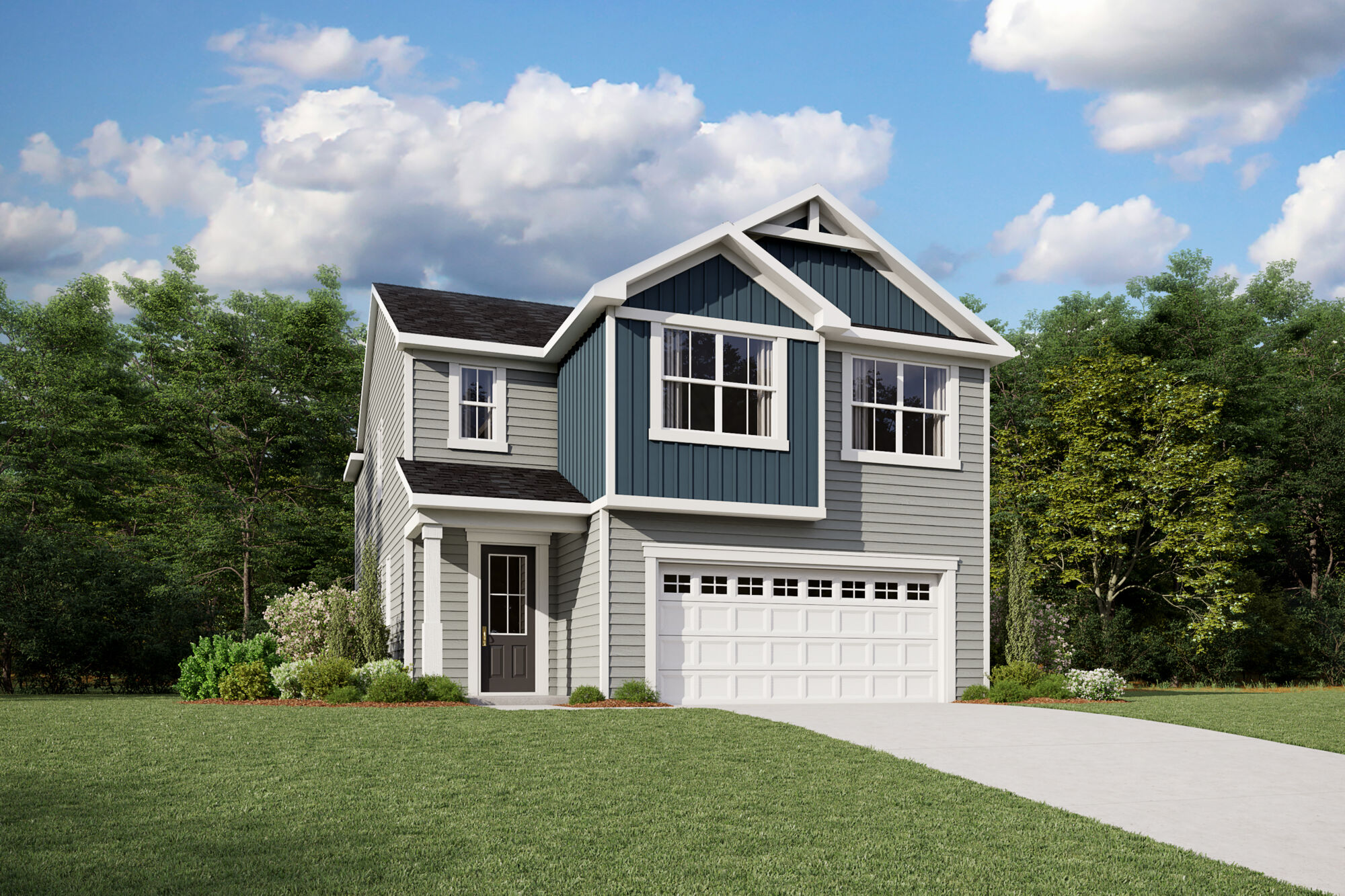  Elevation Front with window, garage, door and exterior clapboard