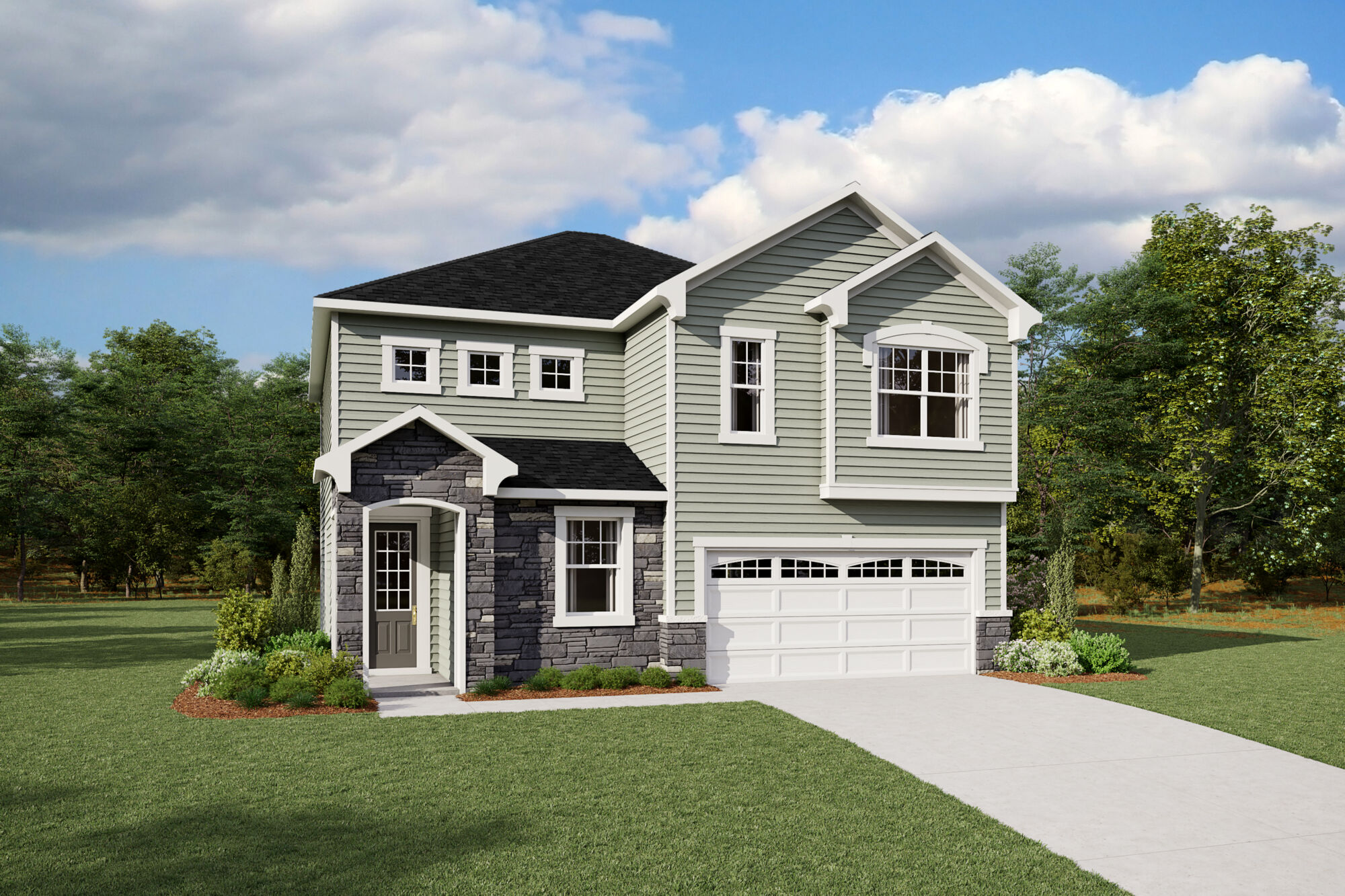  Elevation Front with window, garage, door and exterior stone