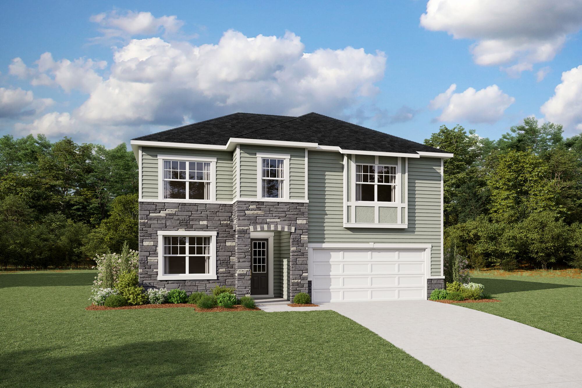  Elevation Front with garage, window, door and exterior stone