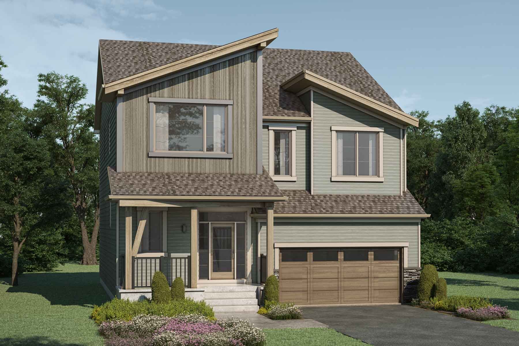 Detached Mountain Contemporary style home with a double car garage, wood exterior accent, green exterior, brown roof, front porch, large windows, front garden